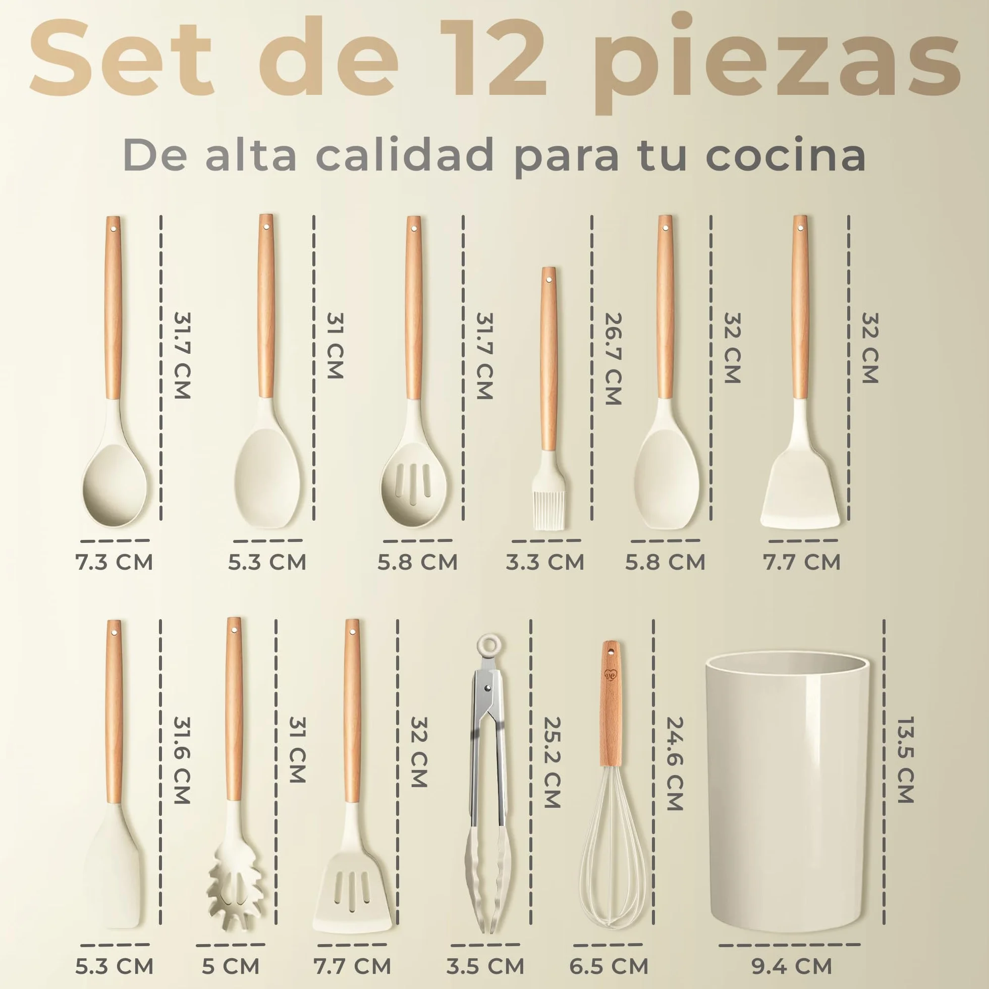 Juego de Utensilios de Cocina de Silicona 12 Piezas con Mangos de Madera y Soporte Organizador Beige