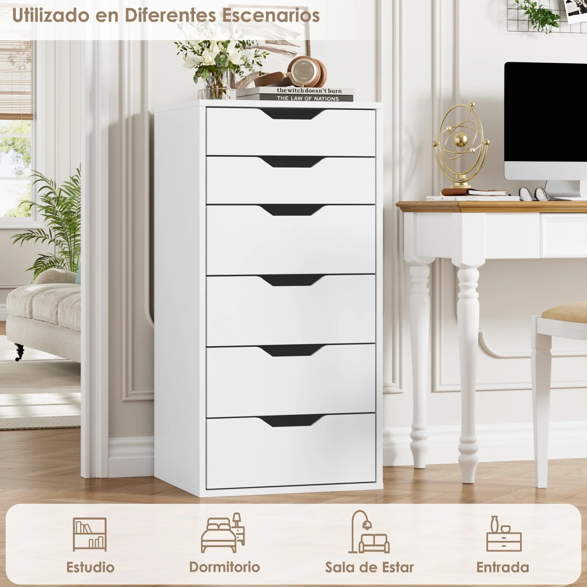 FOREHILL Comoda Dormitorio Comodas y Cajoneras Sinfonier Dormitorio Alto Cómoda Cajonera Estrecha con 6 Cajones Mueble Almacenaje para Salón, Oficina, Blanco 45x40x90.5cm