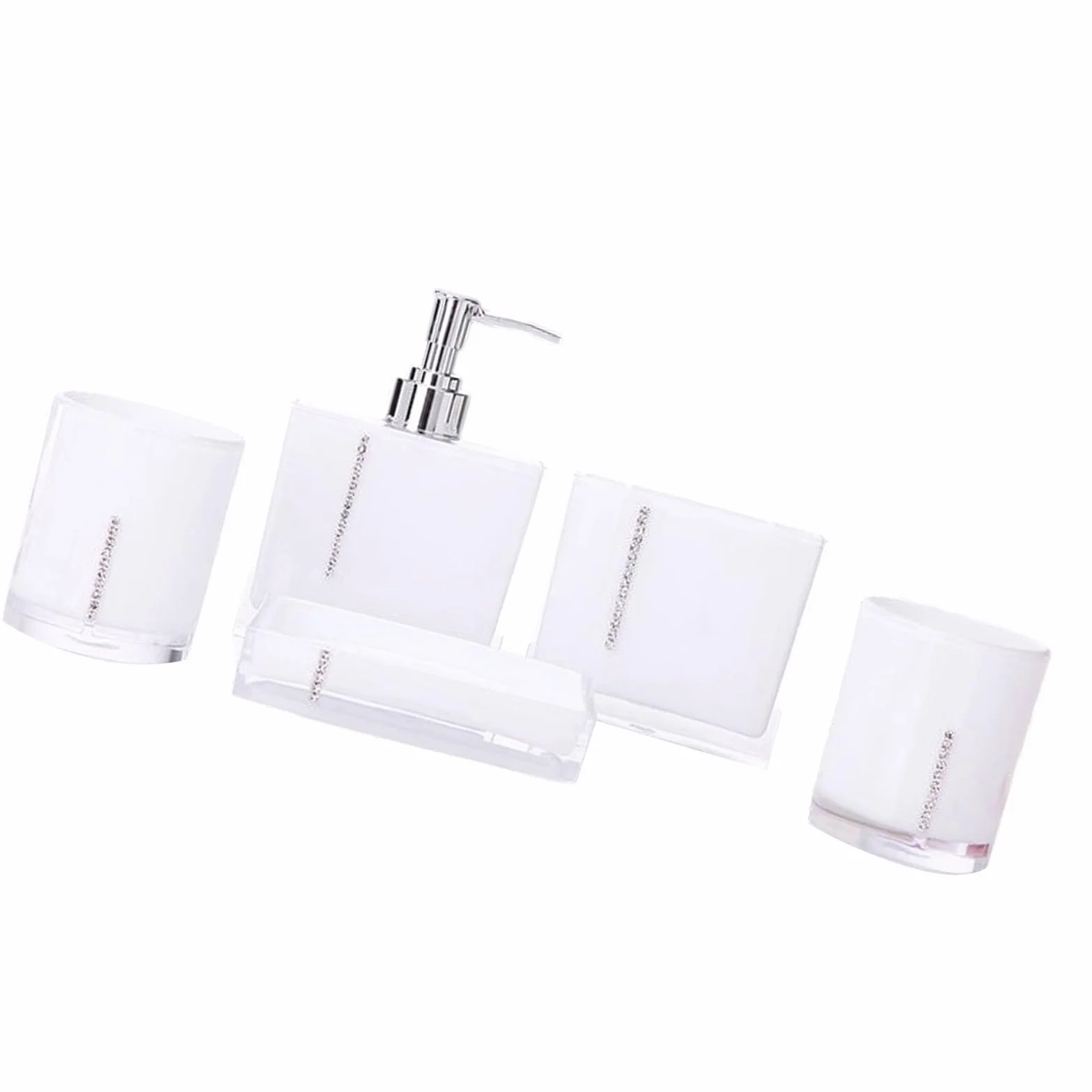 Juego de 5 piezas de tocador de baño acrílico con soporte de cristal para cepillo de dientes moderno con dispensador de jabón, vaso, recipiente de loción líquida, vaso