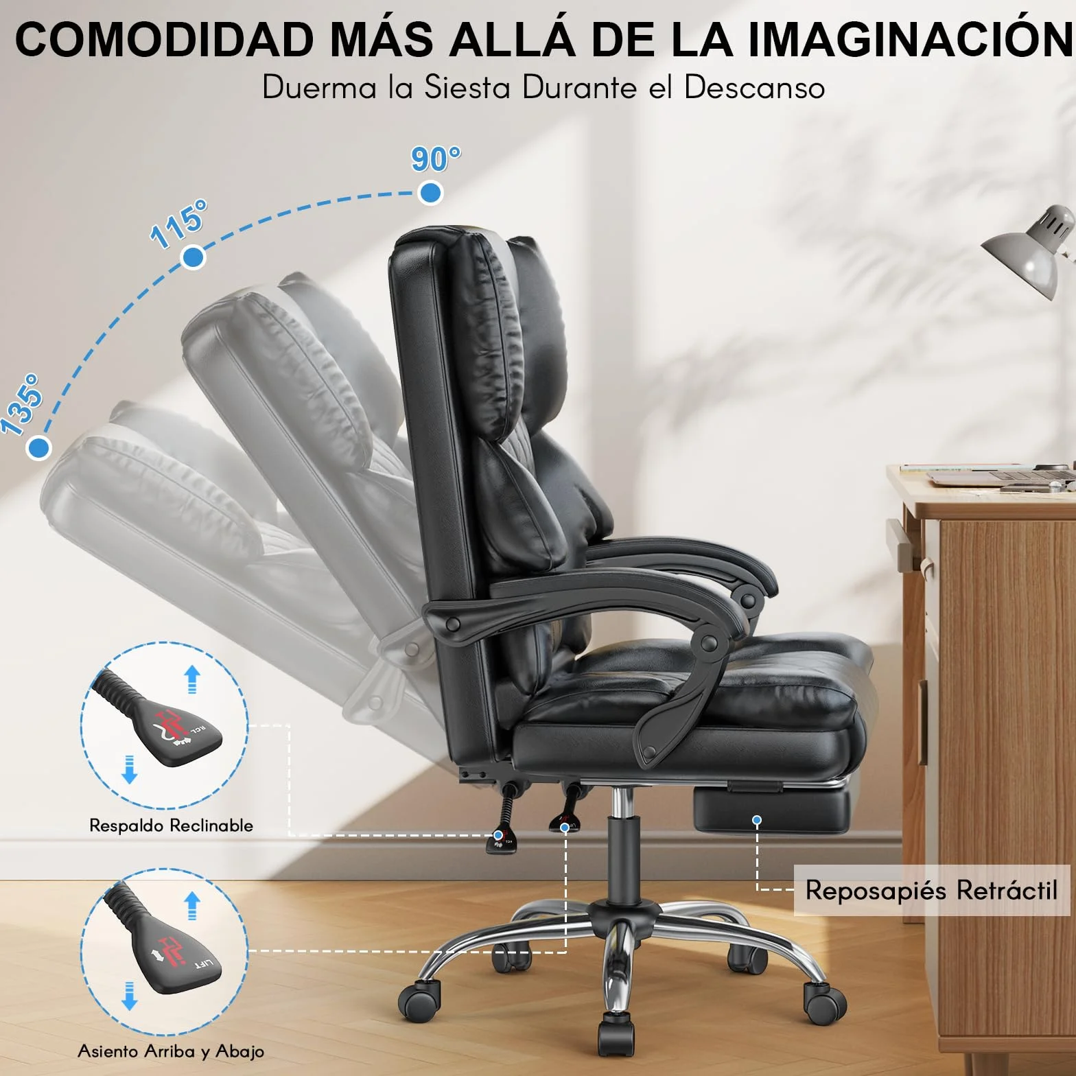 Silla de Oficina Ergonómica de Cuero PU con Reposapiés, Giratoria con Inclinación, Negro