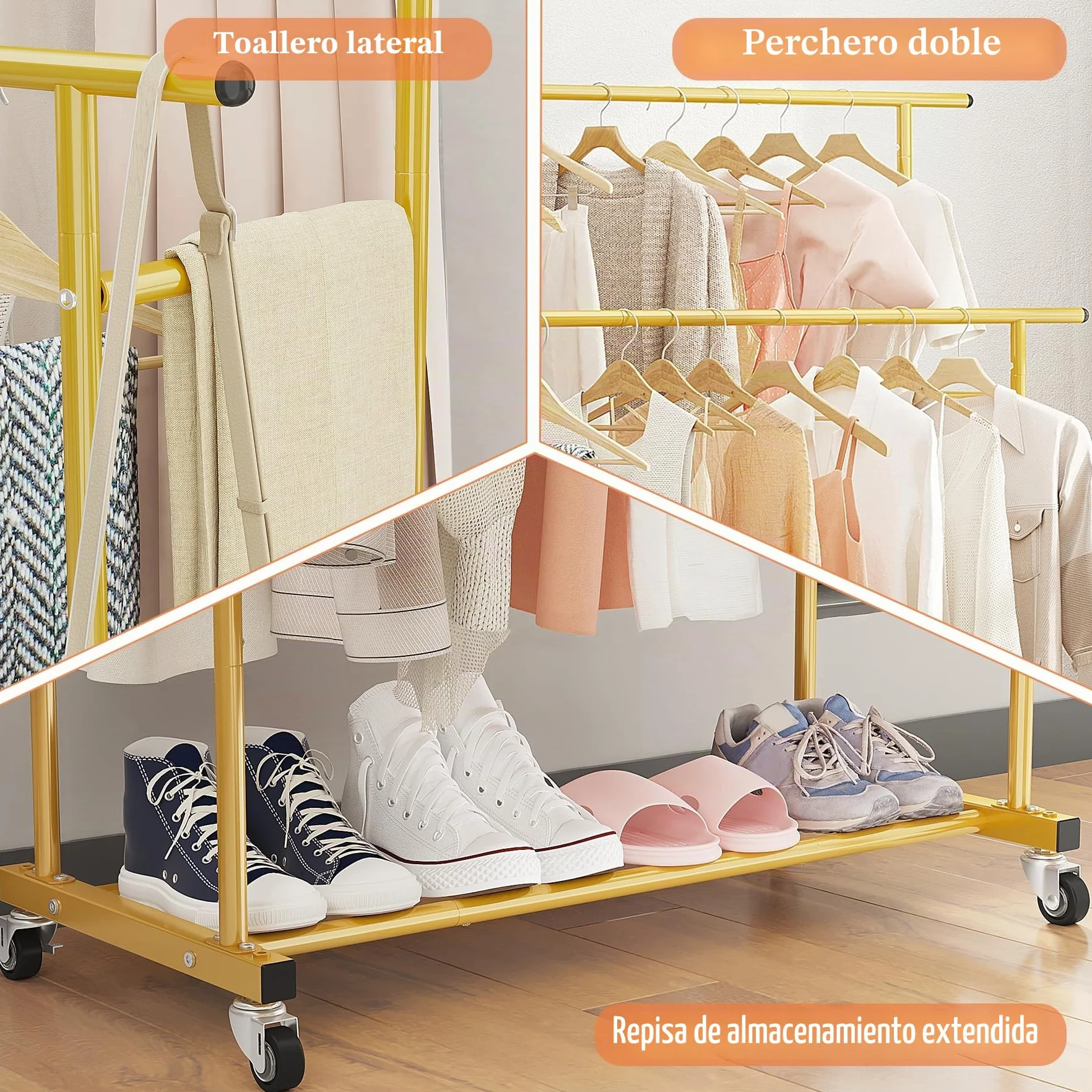 Calmootey Perchero de ropa de doble barra, estante colgante rodante, organizador de ropa portátil para dormitorio, sala de estar, tienda de ropa, dorado