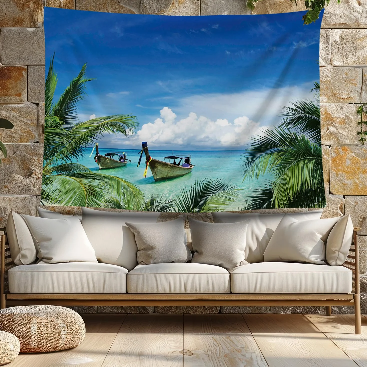 Ulticool – Playa mar barco palmera naturaleza – Tapiz mural póster – 200 x 150 cm – Póster de jardín – Gran tapiz de pared – Accesorio de decoración para jardín y salón