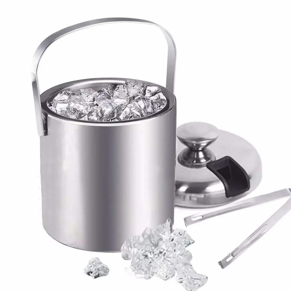 MRKU Contenedor de Acero Inoxidable de 1300 ml, Cubo de Hielo de Doble Pared, contenedor de Hielo con Tapa de Pinzas, Barra de Aislamiento térmico con Abrazadera, Herramientas