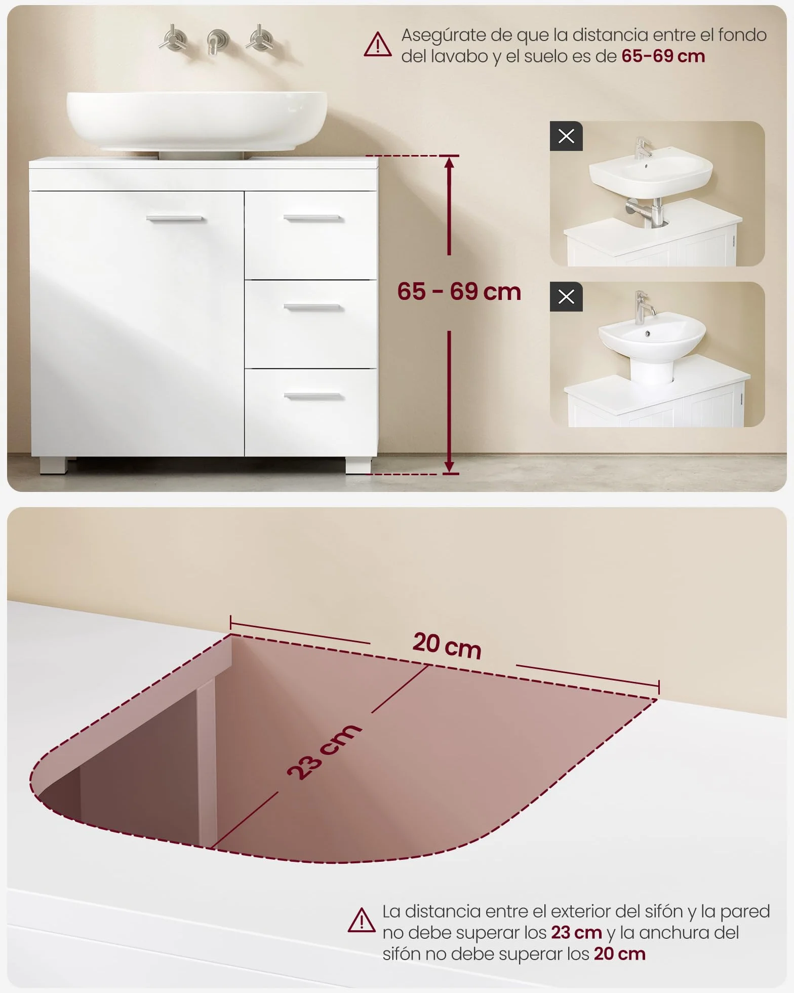 VASAGLE Mueble Bajo Lavabo Armario de Baño 3 Cajones 30x70x64 cm Blanco Nube