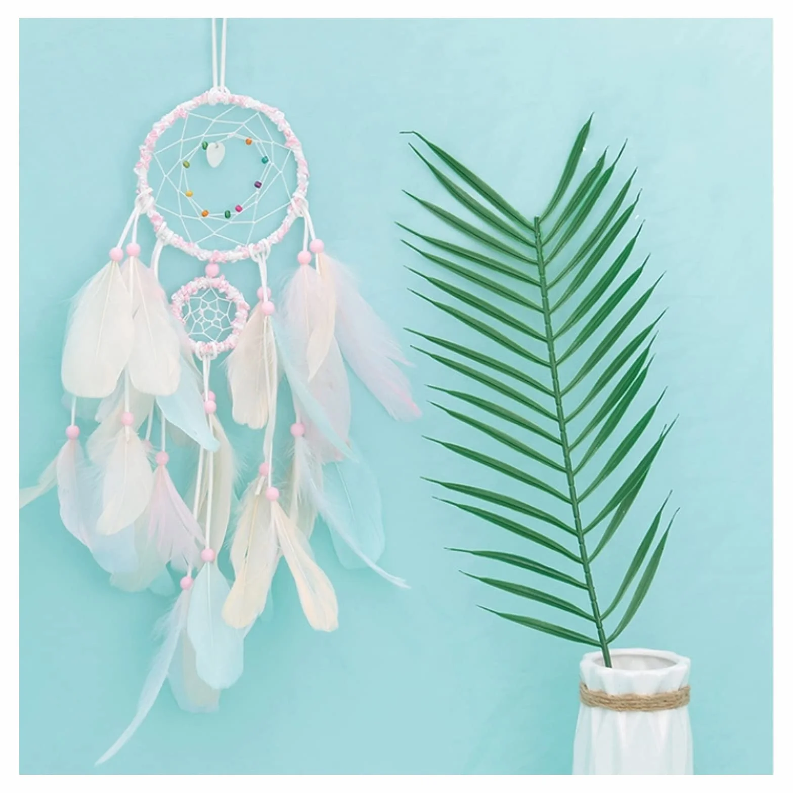 FuninCrea Atrapasueños con Pluma, Atrapasueños Hecho a Mano Estilo Indio, Atrapador de Sueños Dream Catcher para Decoración, Dreamcatcher Atrapa Sueños para Sala de Estar, Dormitorio (Rosa)