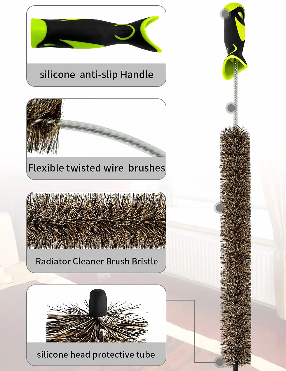 Cepillo limpiador de radiadores de cerdas, 81 cm cepillo de radiadores de alambre trenzado flexible. Con cabeza de silicona y tubo protector para evitar cualquier arañazo