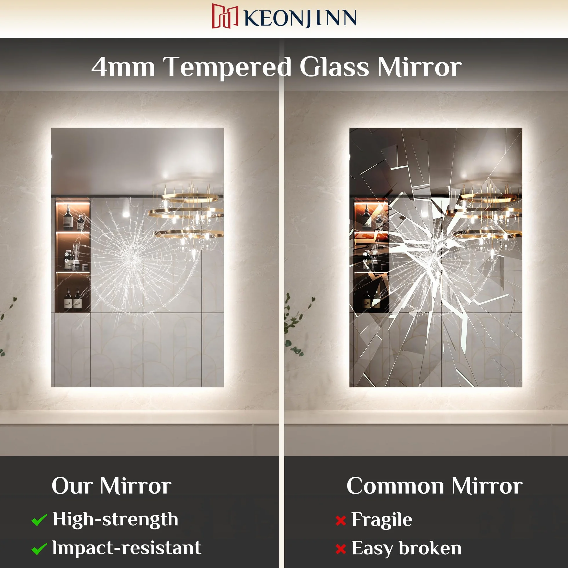 Keonjinn Espejo de baño con luces LED, 60 x 90 cm, espejo de baño rectangular iluminado con luz retroiluminada, espejos de tocador antivaho montados en la pared, 3 colores regulables, función de