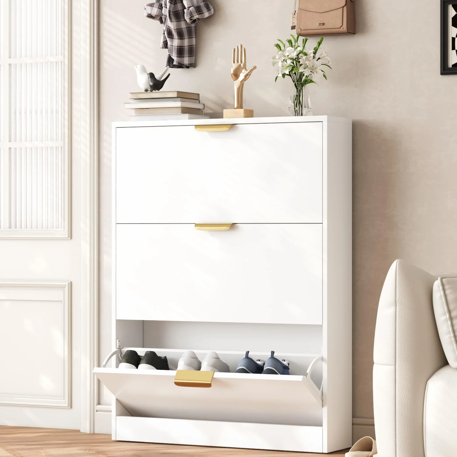 VOWNER Zapatero 3 Puertas, Zapatero Entrada Recibidor, 80 x 17 x 108 cm (Largo x Ancho x Alto), Blanco, Madera, para Entrada Estrecha, Pasillo