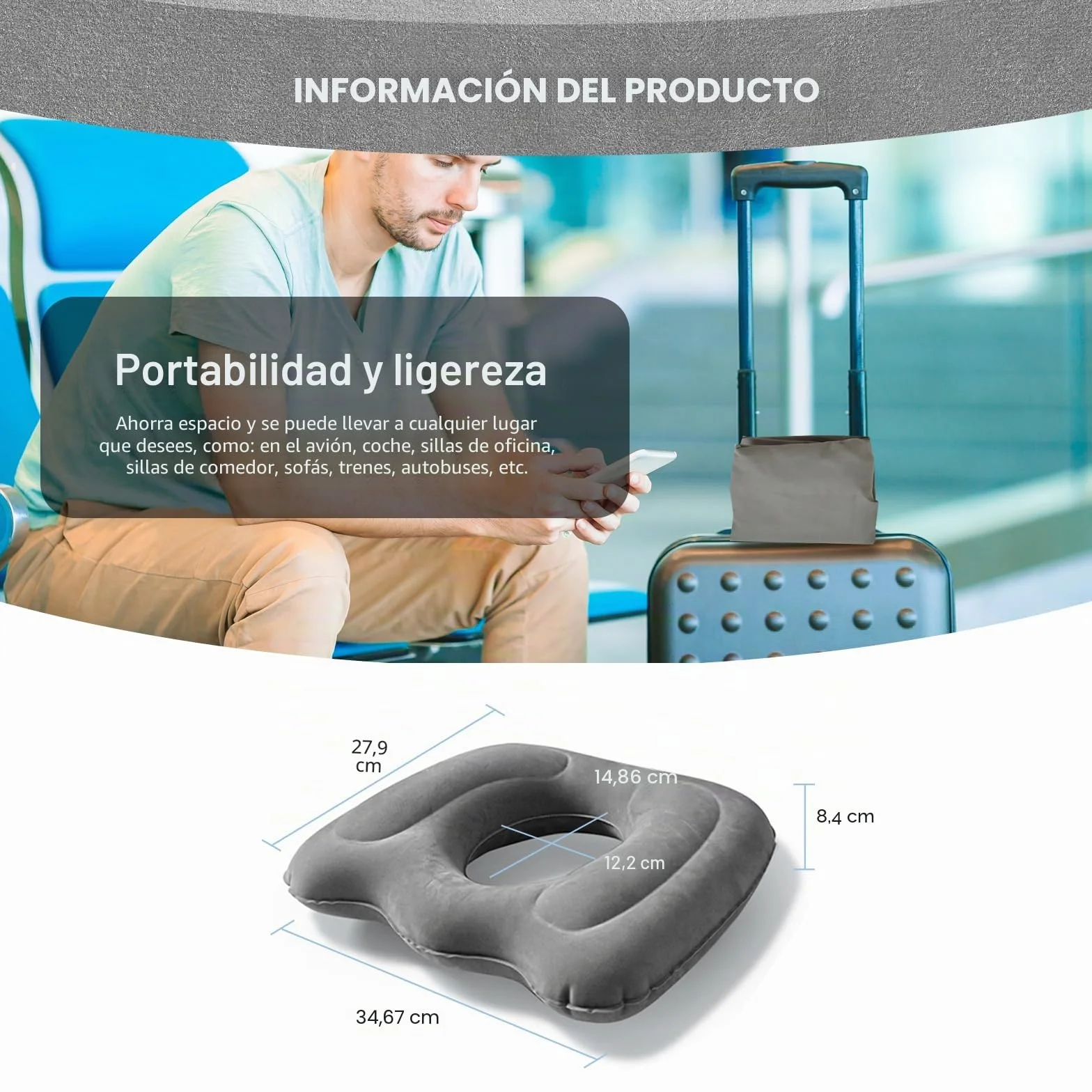 Cojín Asiento Multifuncional Hinchable en Forma de Rosquilla para Hemorroides, Cóccix y Dolor Postquirúrgico