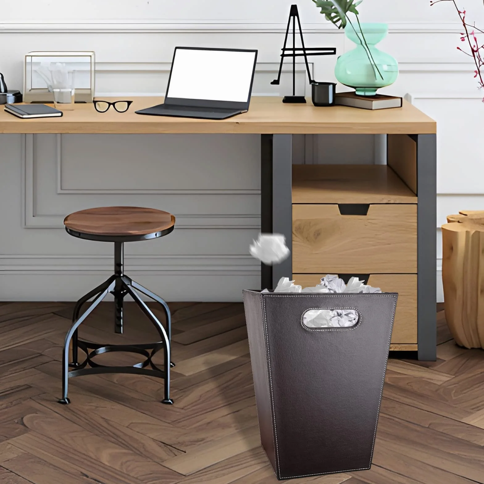 GORESE Papelera de reciclaje para oficina, de piel, diseño moderno, para cocina, baño, oficina, color marrón