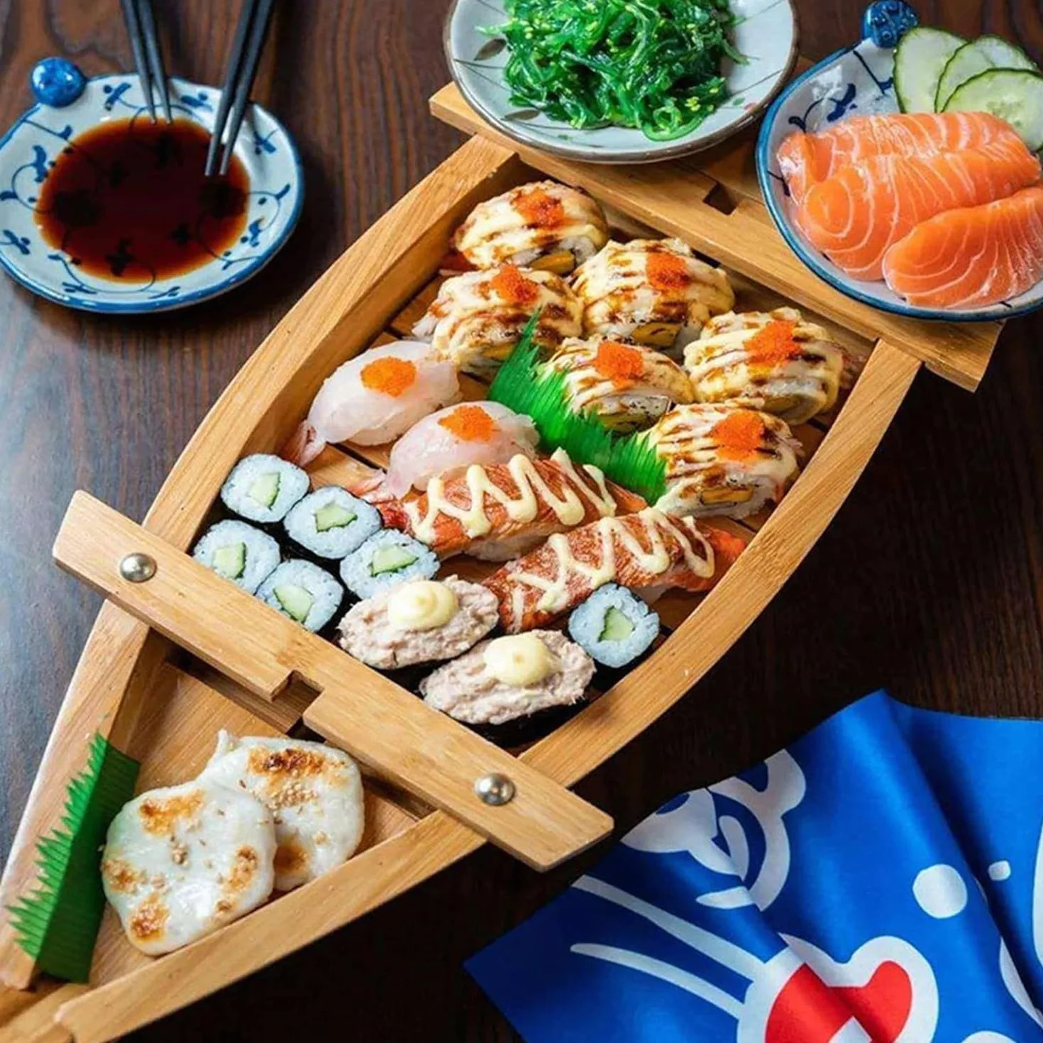 Barco De Bambú JaponéS para Sushi, Contenedor para SalmóN Y Marisco En Forma De Barco, Plato Grande para Servir Hielo Seco, para Restaurante O Plato Casero