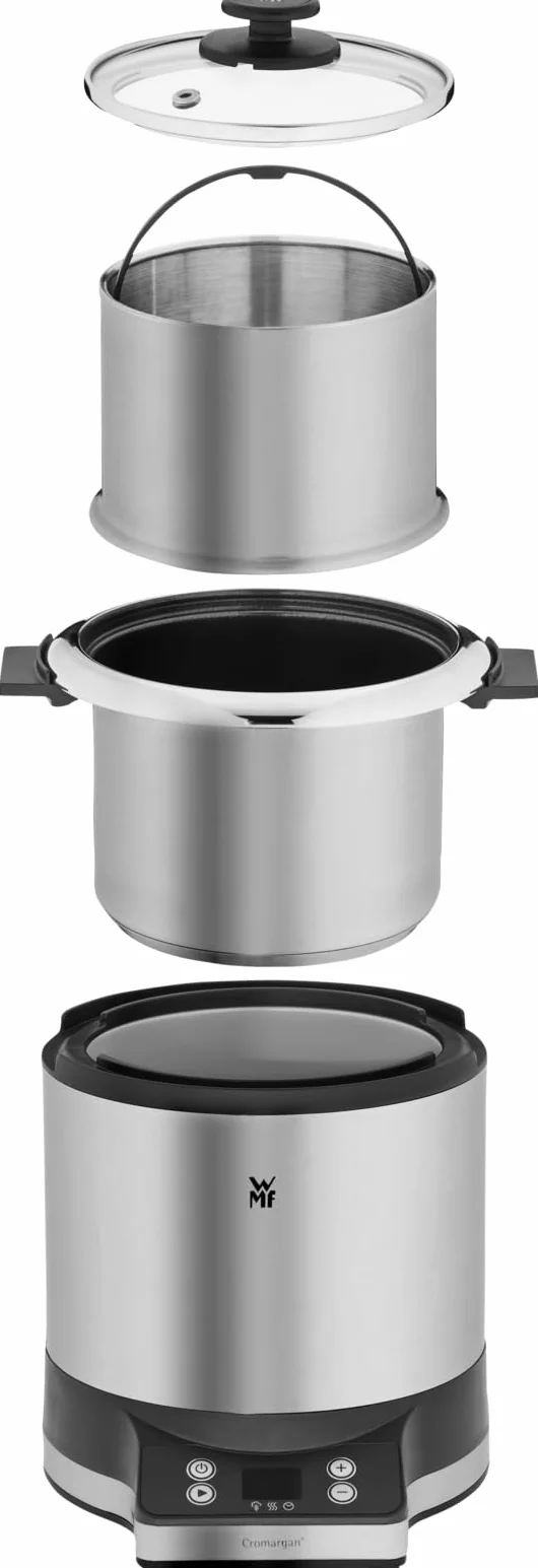 WMF Kitchenminis Arrocera 220W 1L acero inoxidable cromargan mate tapa recipiente base dual mantenimiento calor taza cuchara medidora