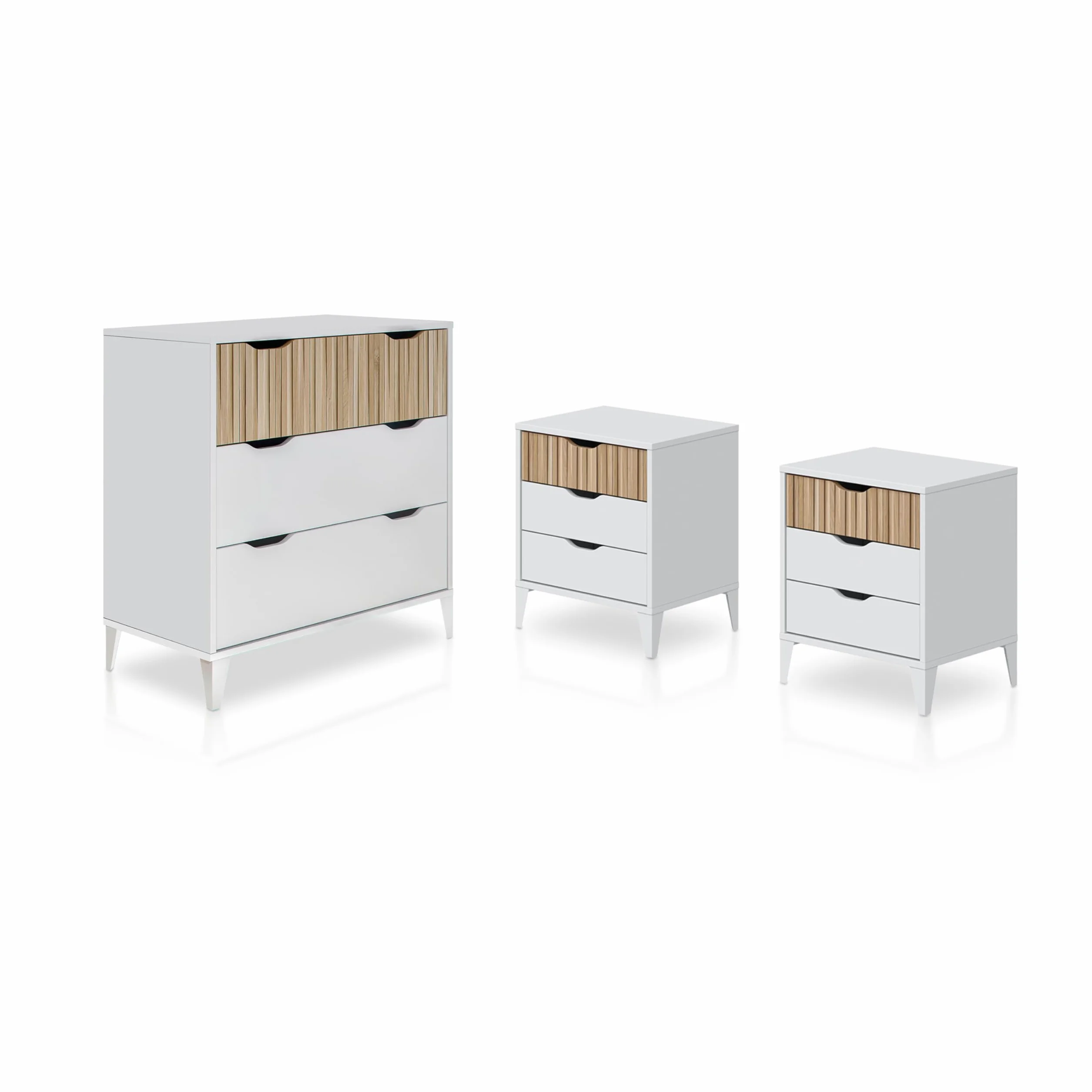 duehome | Pack de Dormitorio con 2 Mesitas de Noche + Comoda, Conjunto de Dormitorio, Modelo Nitza On 3C, Acabado en Blanco Artik y Roble Natur