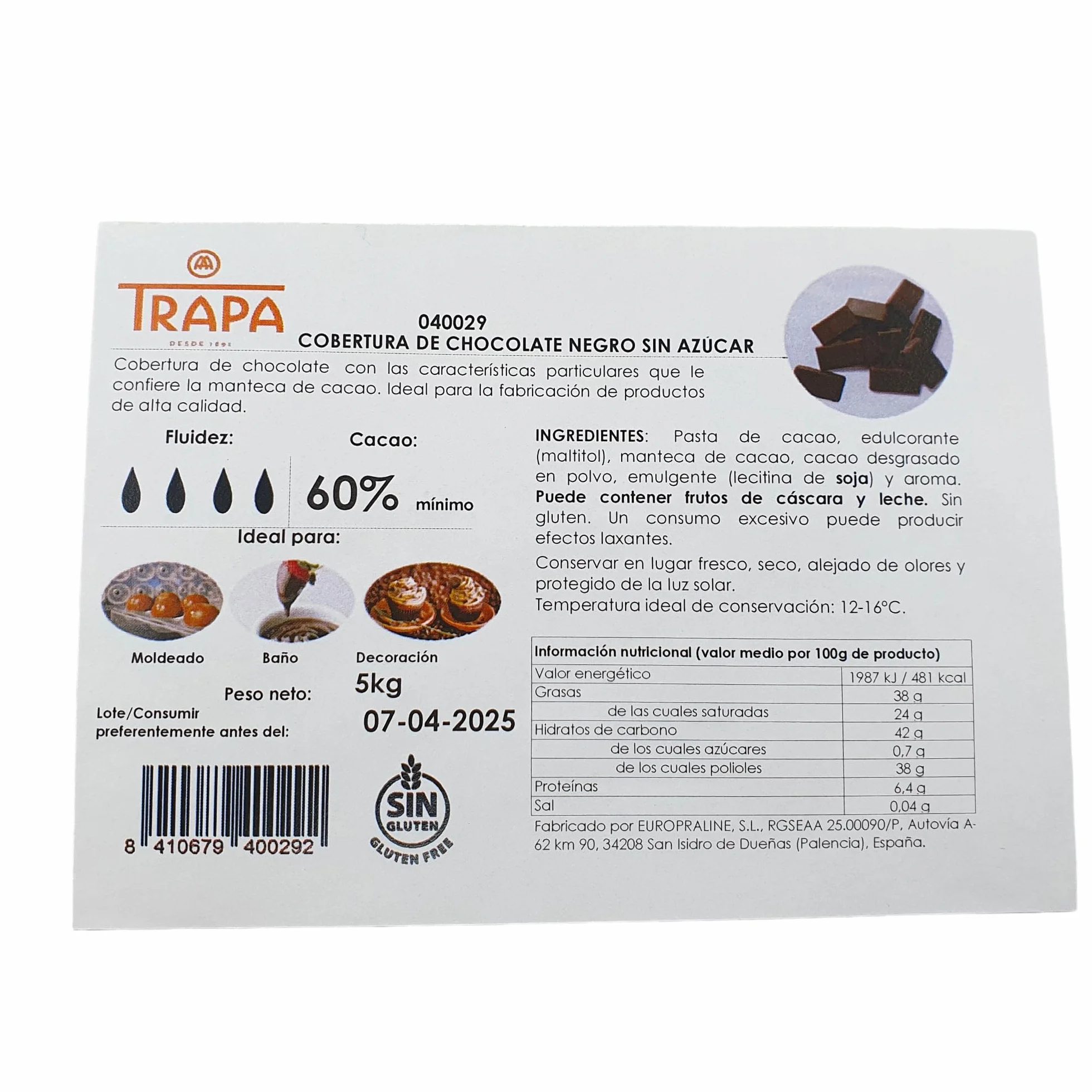 Trapa Cobertura Chocolate Negra Extra Noir 60% Sin Azucar Bolsa Kilo Gotas