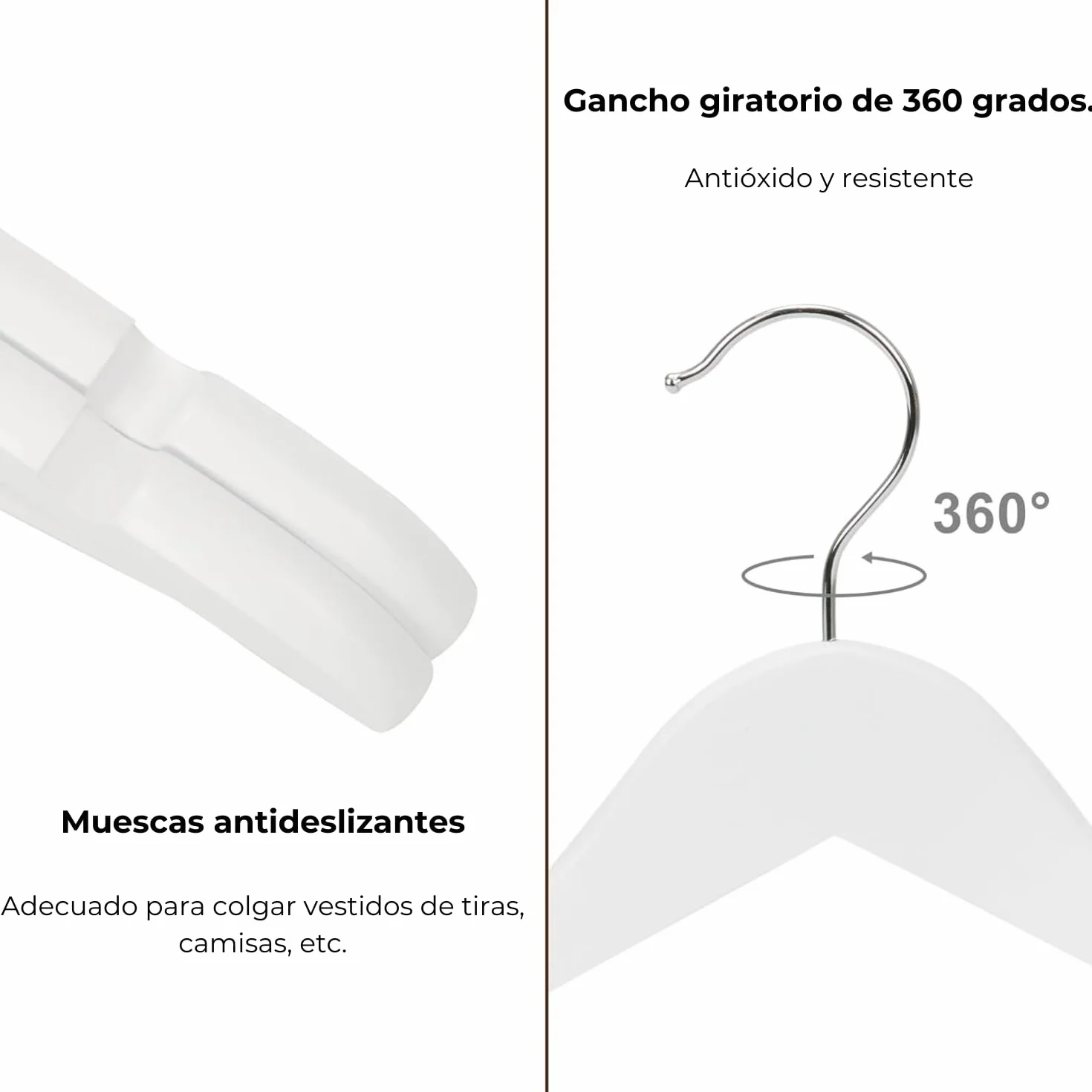 KROWN - Perchas de Madera Natural Antideslizantes con Muescas, Ideales para Trajes, Abrigos, Chaquetas, Camisas y Pantalones, Gancho Giratorio de 360° (Blanco, 6 Unidades)