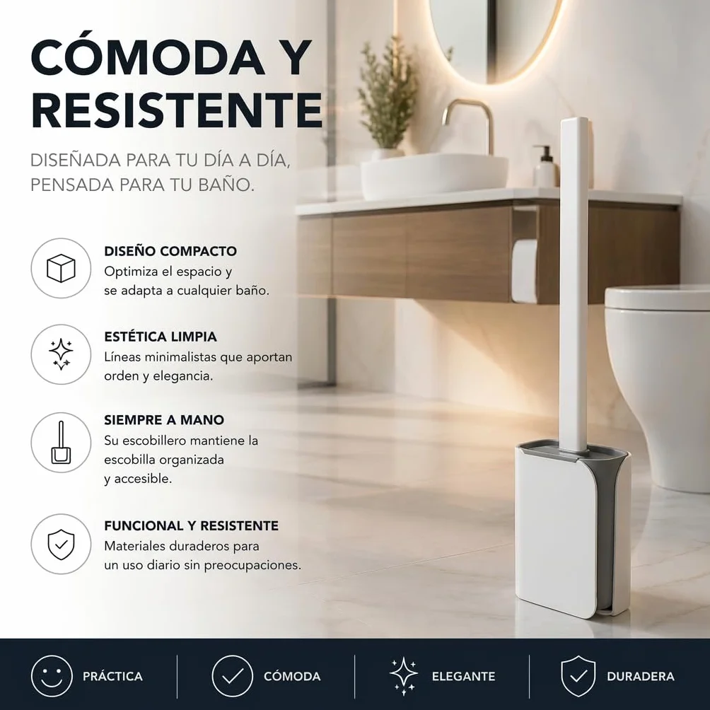 Edihome, Escobillas Baño, Escobilla WC, Escobilla Baño Silicona con Escobillero Baño, Cepillo para Inodoro Flexible, Antigoteo y de Secado Rápido, Suelo o Pared
