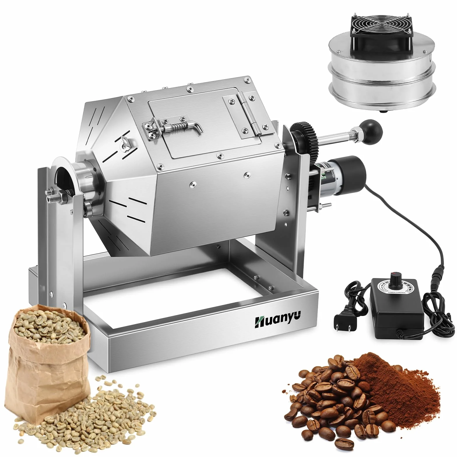 Huanyu Tostadora de Café con Enfriador de Granos 500g Acero Inoxidable Máquina para Cacahuetes y Granos
