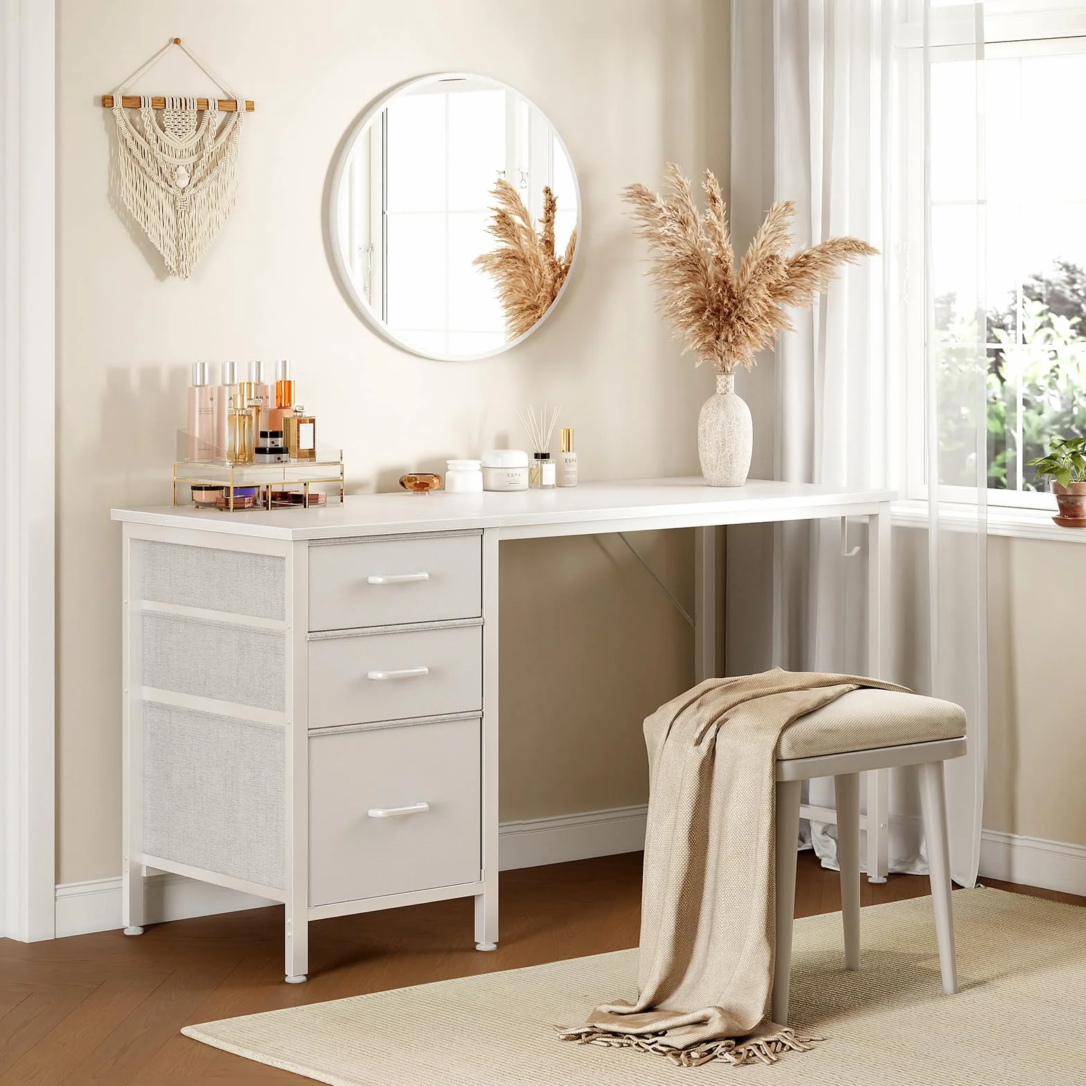 Coleshome Escritorio con 3 Cajones de Tela, 120x48cm, Soporte para Auriculares, Blanco, Reversible para Oficina en Casa
