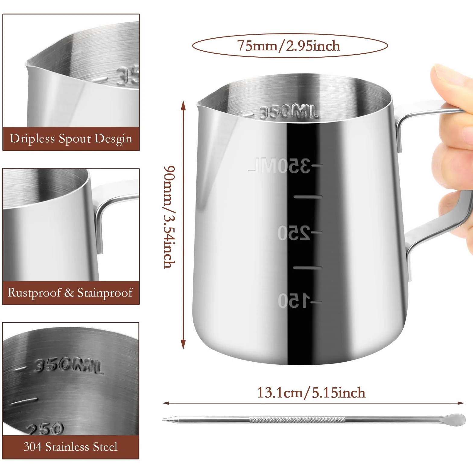 JOPHEK Jarra de Leche Barista 304 Acero Inoxidable Con Medición y Lápiz Decorador Para Espresso, Café y Espuma (350ML)