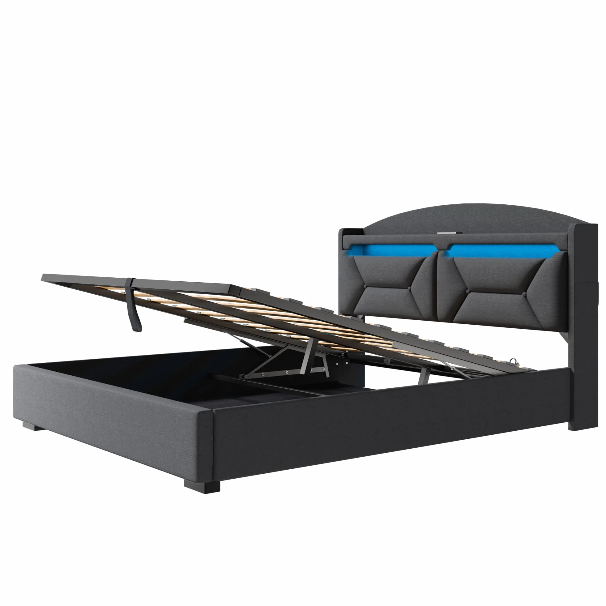 Cama Matrimonio 160x200 con Almacenamiento, Camas Matrimoniales con LED, Puertos USB y Type-C, Canape 160x200 Hidráulico, Cama Matrimonio con Cabecero, Lino, Gris, Colchón No Incluido