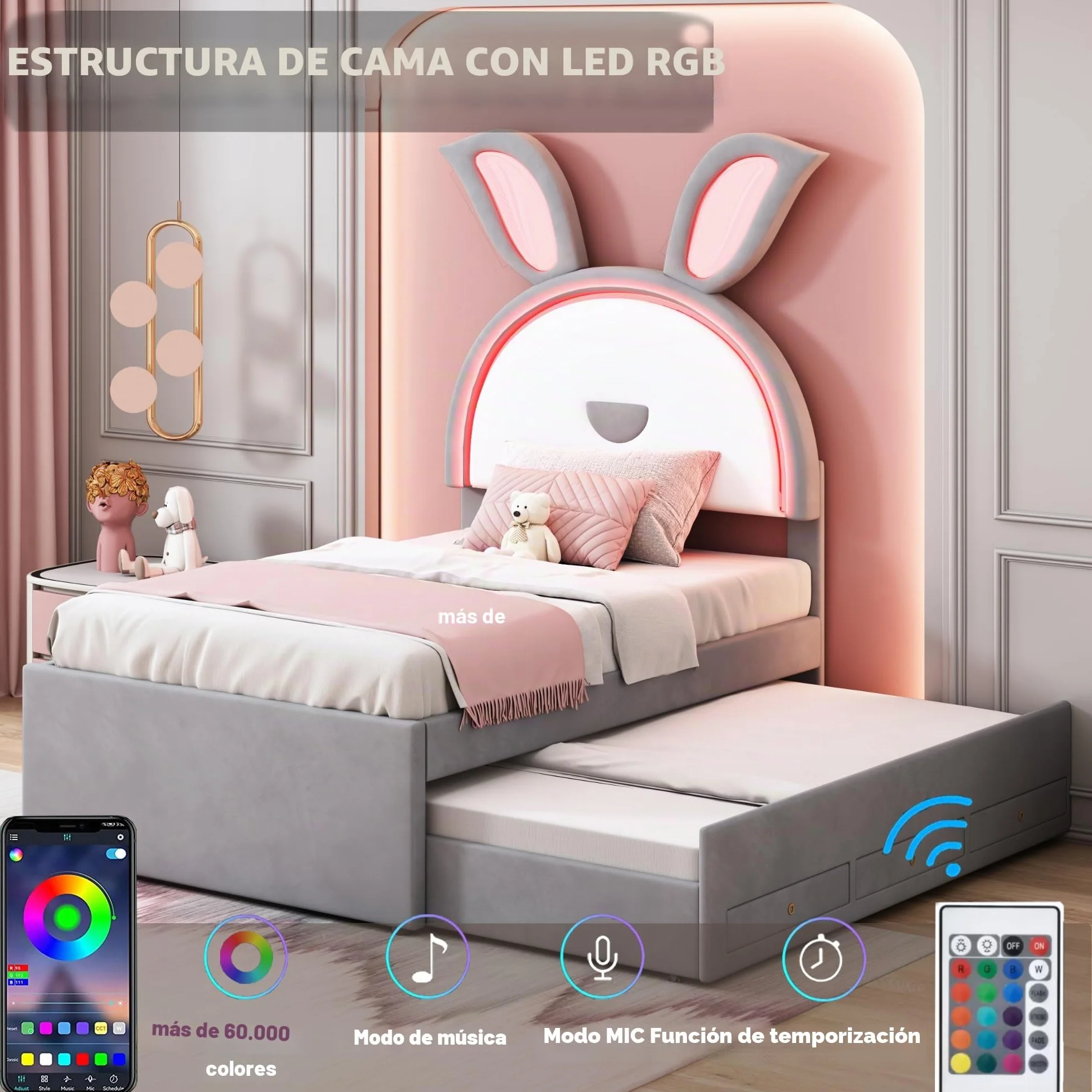 Azkoeesy Cama Infantil tapizada con Cama Nido y 3 cajones, con iluminación LED, diseño de Orejas de Conejo de Dibujos Animados, para 2 niños y niña, Funda de Terciopelo, 90x200 cm + 90x190 cm, Gris