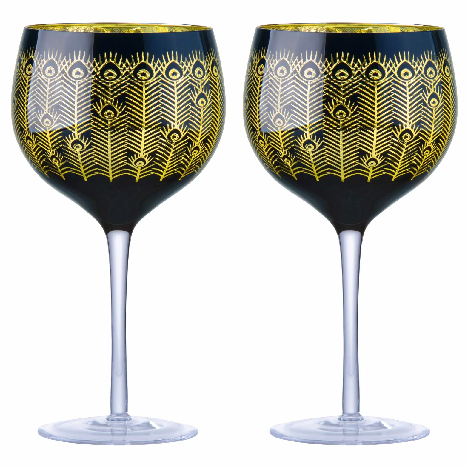 Artland – Copas de Ginebra Peacock Midnight – Dorado y Negro – Juego de 2 – Capacidad de 700ml Por Copa – Diseño de Plumas Elegante y Detallado en Dorado y Negro