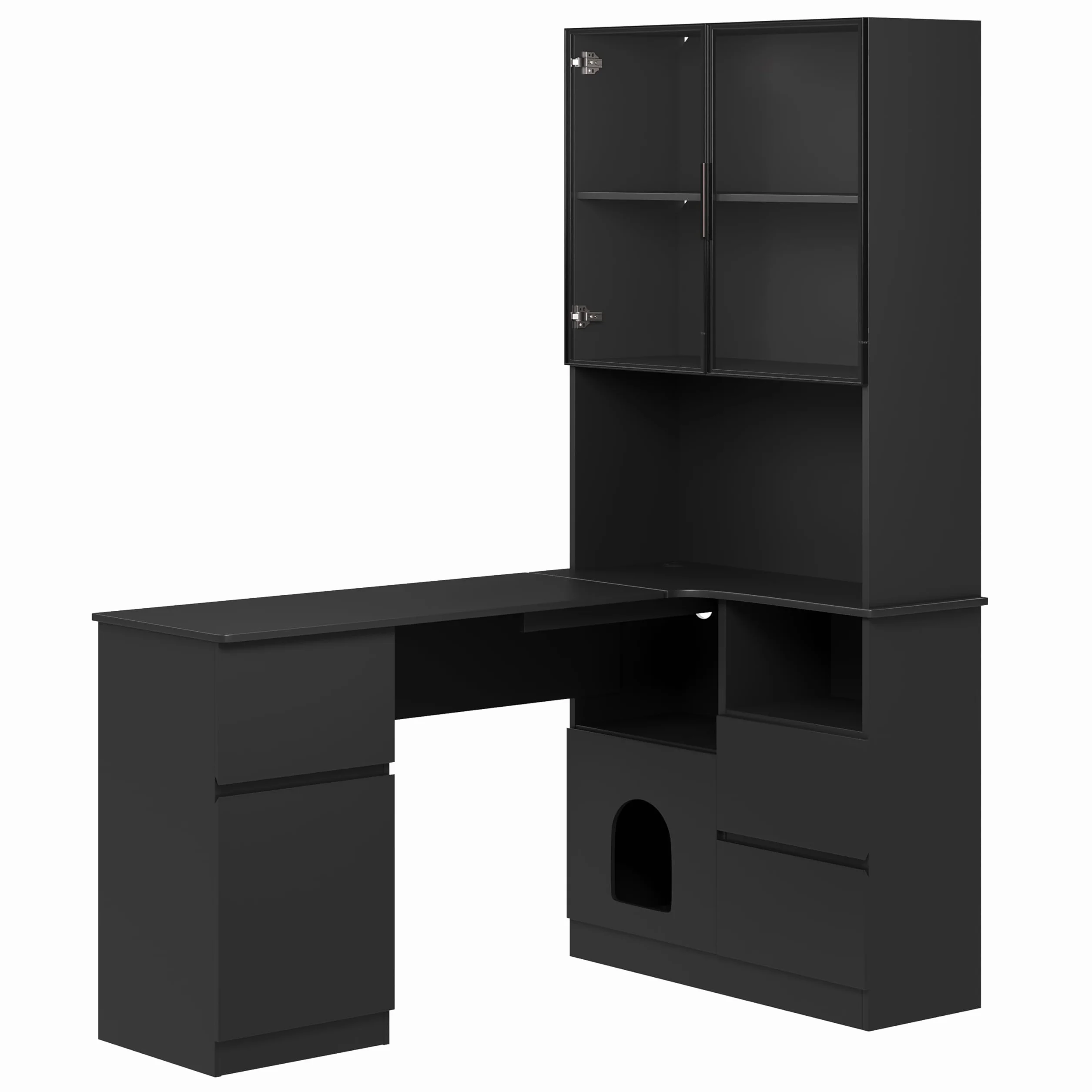 Escritorio de Esquina con Estante y Vitrina LED – Escritorio con gestión de Cables, Escritorio de Esquina con estantería integrada (Nero - Destra, 120×80×180 cm)