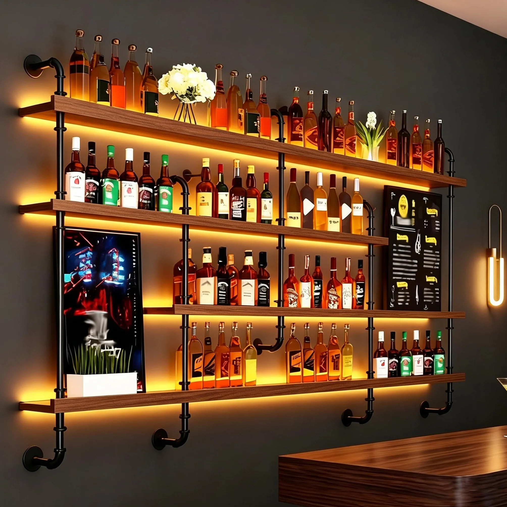 Estante de Vino montado en la Pared con luz, 4 Modernos estantes de Madera para Botellas de Licor, estantes flotantes, Organizador para Bar y Comedor (150×20×150CM Nuez)