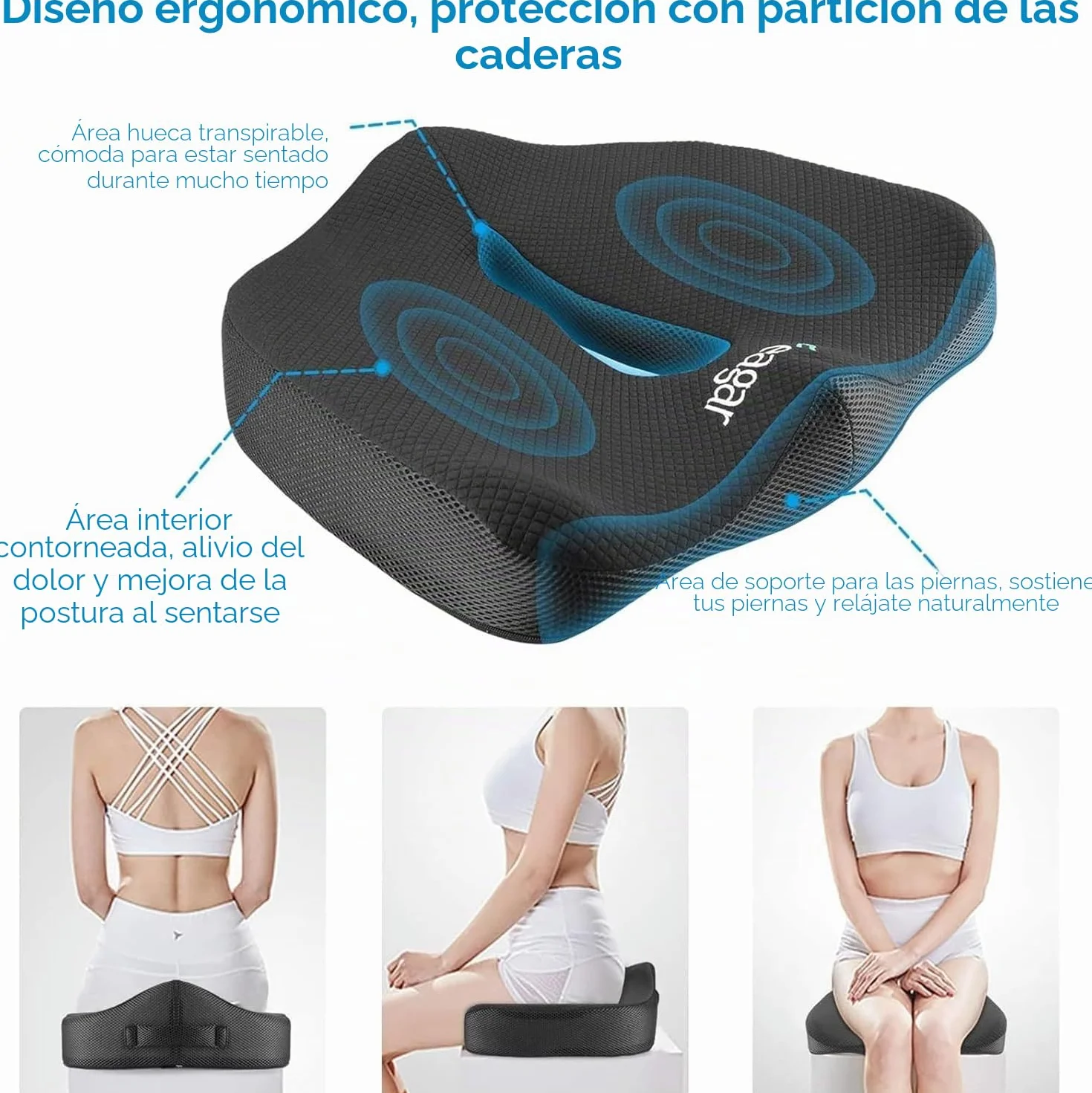 Cojín Coxis de Espuma Memoria Portátil para Hemorroides, Alivia Dolor Oficina Coche Negro