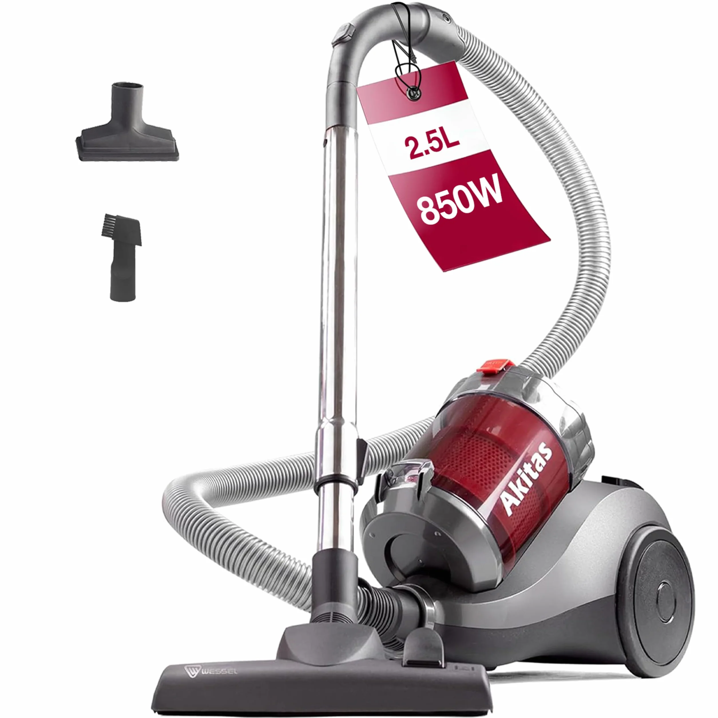 Akitas C6 Aspiradora Sin Bolsa 2.5L con Cabezal Alemán Wessel-Werk, 850W Potente Aspirador Trineo para Suelos Duros y Alfombras