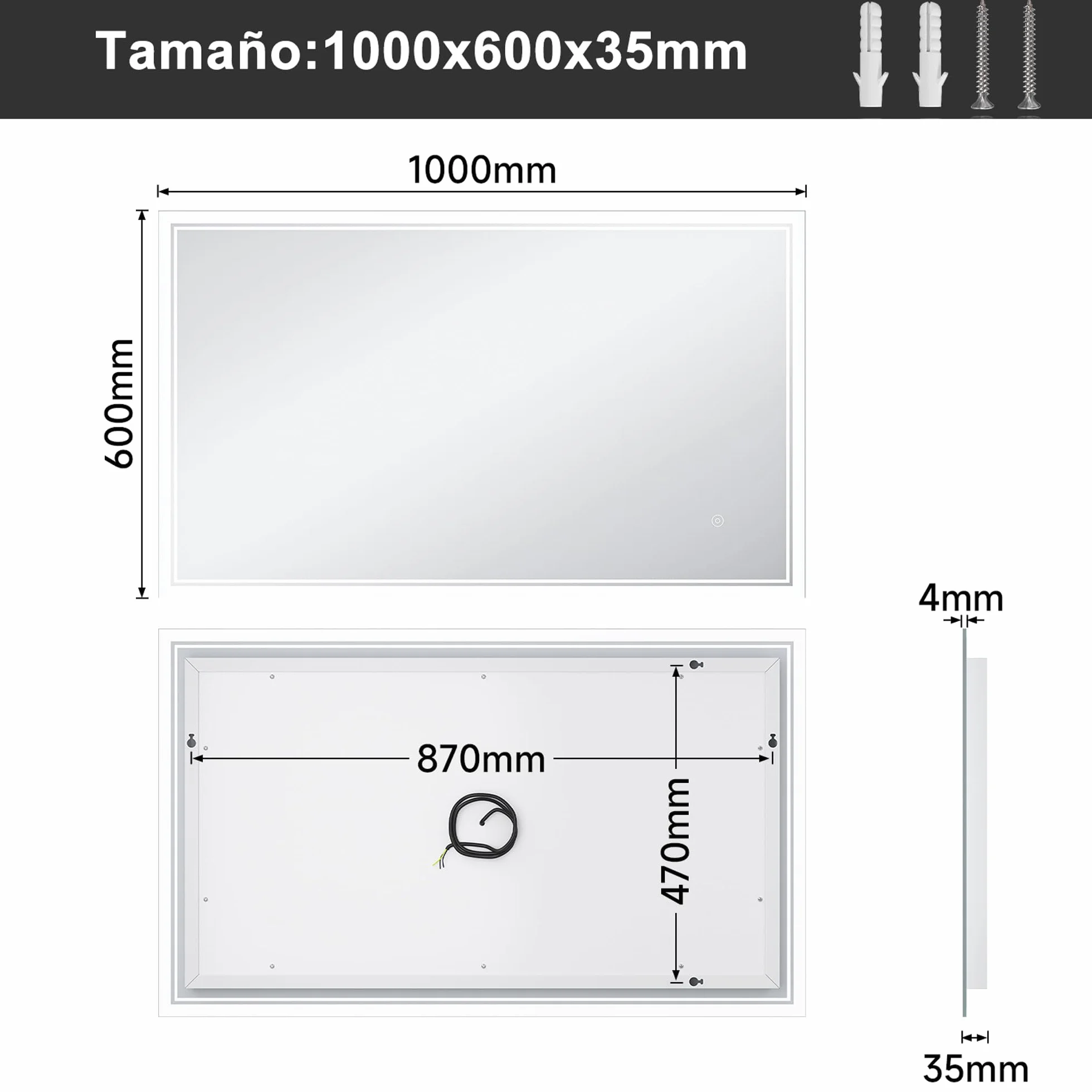 SONNI Espejo de Baño con Iluminación 80 x 60 cm Antiniebla Espejo de Baño con Interruptor Táctil Espejo de Pared Blanco Frío 6400k Interruptor de Pared IP44