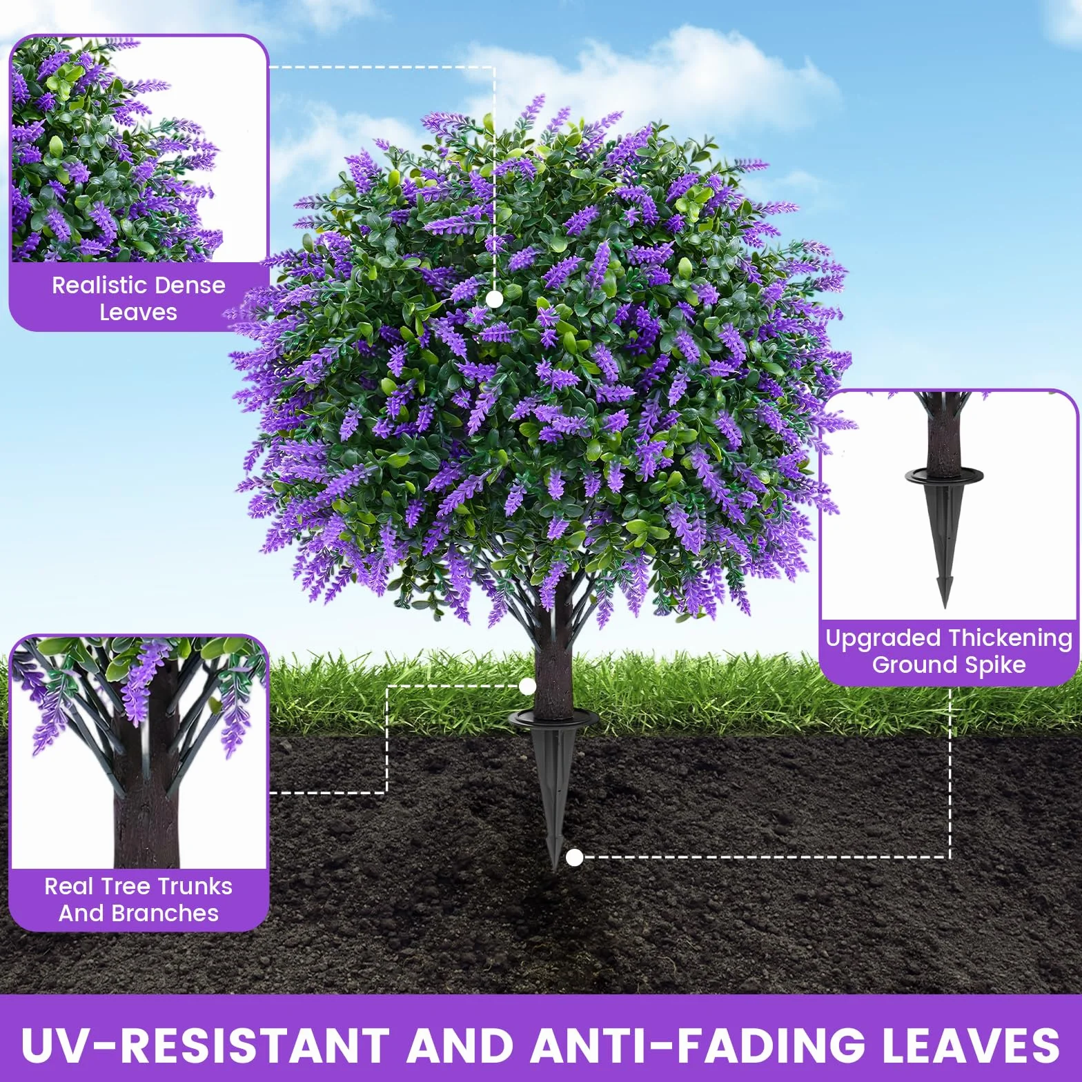 2 bolas topiarias artificiales de lavanda con estaca para el suelo, árbol artificial resistente a los rayos UV para decoración de interiores y exteriores, plantas artificiales para jardín, porche