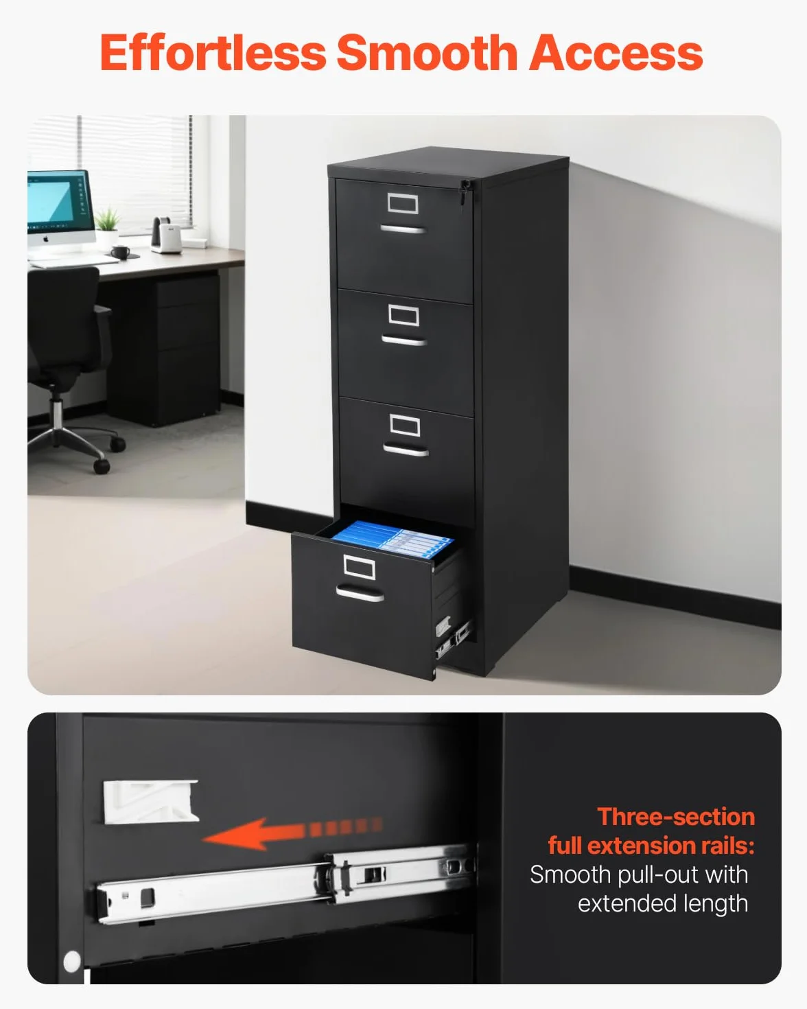 VEVOR Archivador Vertical de Metal, Archivador Vertical 450 x 620 x 1340 mm de 4 Cajones con Cerradura, Barra de Suspensión Desmontable para Archivos de Tamaño A4/Carta/Legal para Oficina, Negro
