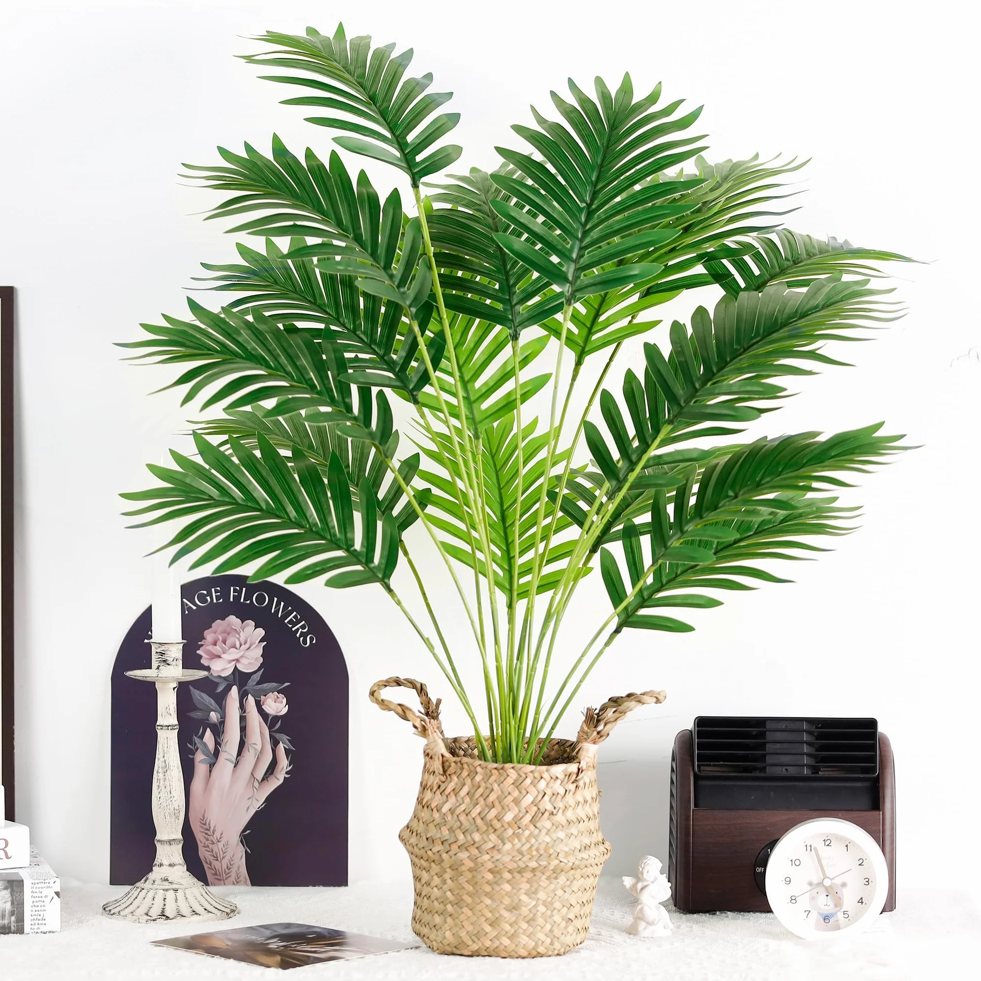 Der Rose Palmera falsa de 28 pulgadas, planta artificial en maceta alta con cesta tejida, decoración para interiores y exteriores