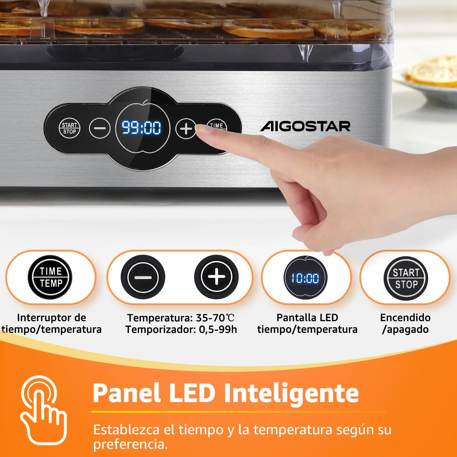 Aigostar Crispy Deshidratador de Alimentos 240W 5 Bandejas Altura Regulable Pantalla LED Temporizador 99H Temperatura Ajustable Sin BPA