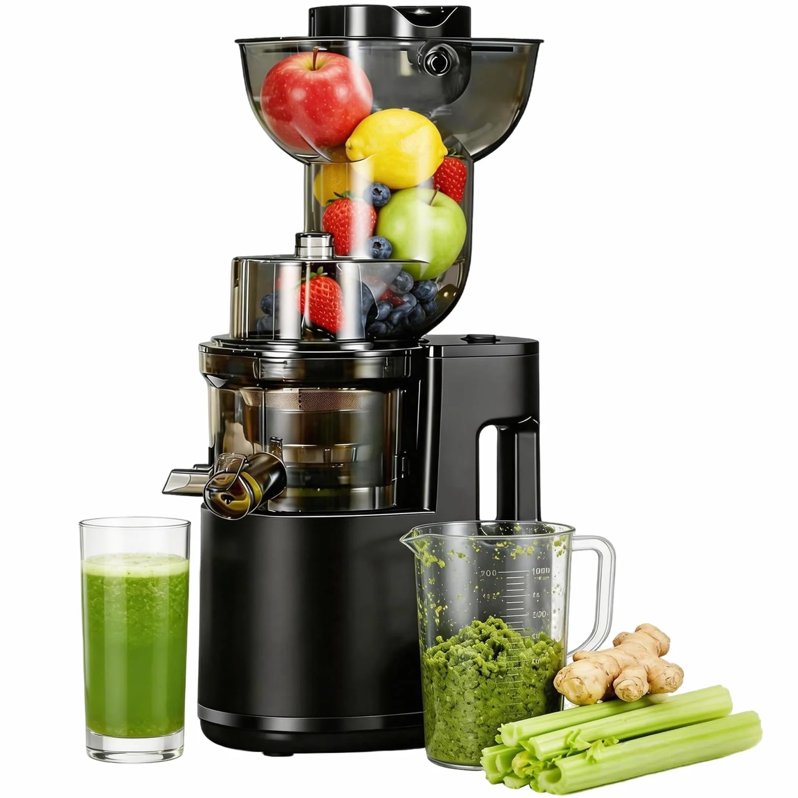 Extractor de Zumos y Verduras, 500W Licuadora Prensado en Frio para Verduras Frutas Enteras, Slow Juicer con Apertura Extractor de 170mm, Fácil Montaje y Limpieza, Sin BPA, Alto Rendimiento de Zumo
