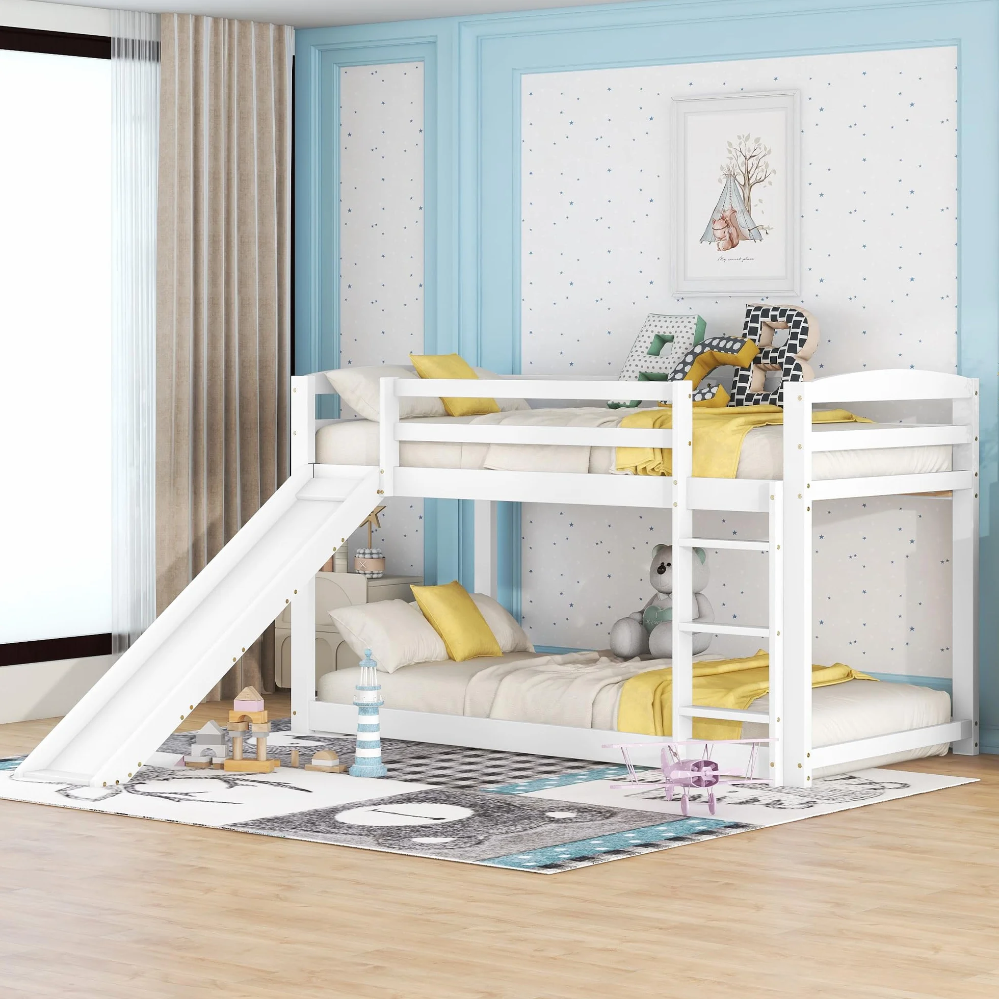 Idemon litera para niños y jóvenes, cama infantil con tobogán, estructura de madera maciza, montaje sencillo, 90x200 cm (blanco)