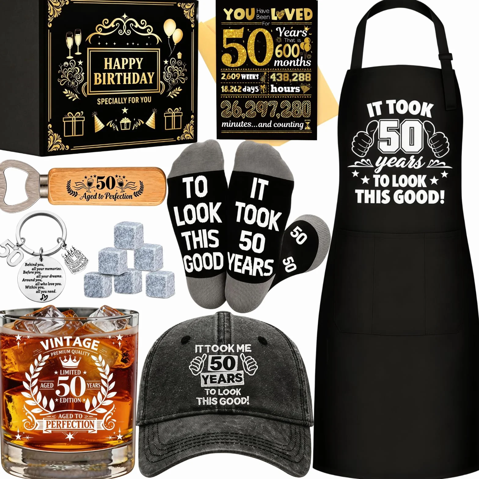 Juego de vasos de whisky de regalo de 50 cumpleaños para hombres, regalos geniales para hombres de 50 años con delantal de cristal de whisky de 11 onzas, gorra de béisbol, llavero, abrebotellas