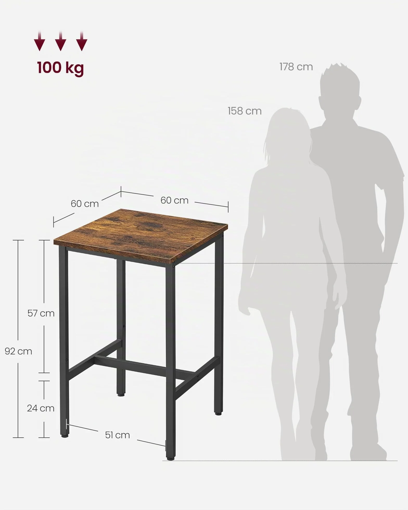 VASAGLE Mesa de Bar, Mesa Alta Cuadrada, Marco de Acero Resistente, 60 x 60 x 92 cm, FÁcil de Montar, para Sala de Estar, Cocina, Estilo Industrial, MarrÓn RÚstico y Negro LBT25X