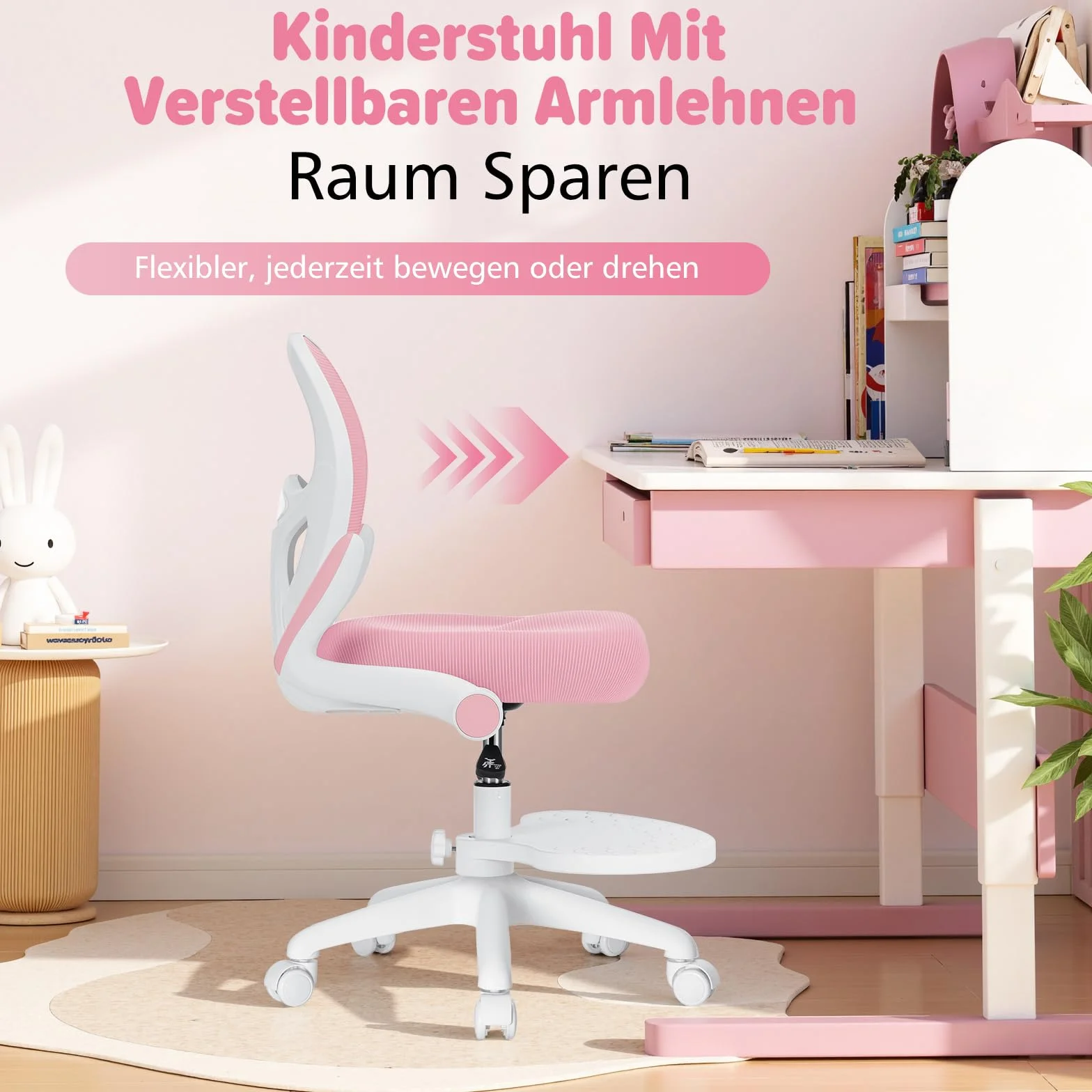HOFFREE Silla de escritorio para niños, ergonómica, con reposabrazos plegable y reposapiés, giratoria, para niños y niñas, silla de mesa de malla para dormitorio, libros, rosa