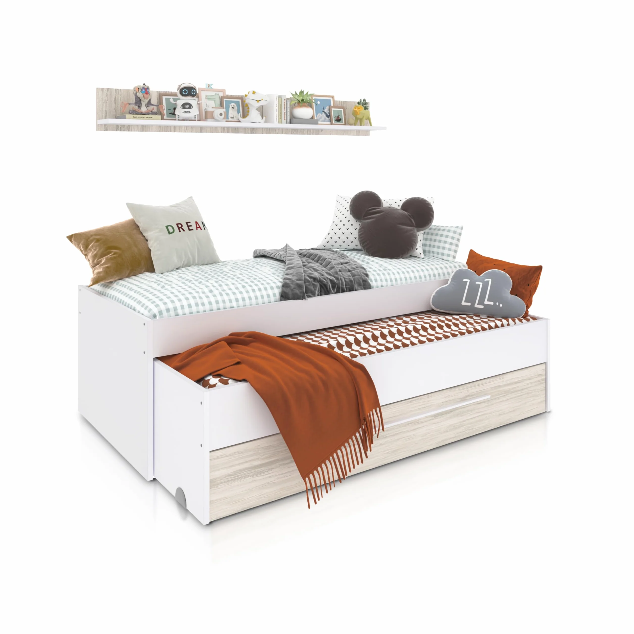 Cama Nido Juvenil 2 Camas Cajon Estante Modelo Nuit Blanco 199x96x65 cm