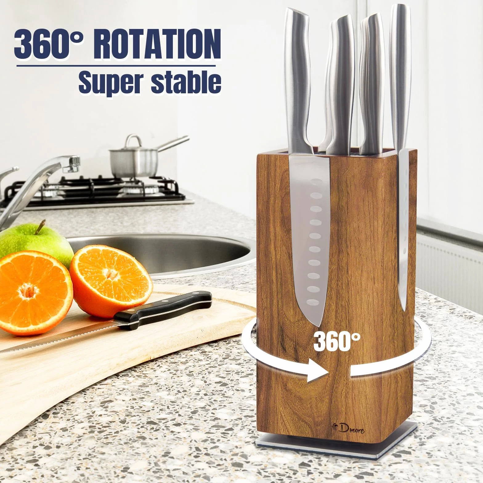 Dmore Bloque magnético para cuchillos giratorio 360°, sin cuchillos, soporte magnético para cuchillos de madera de acacia, extra gran capacidad, para cuchillos y utensilios para mesa de cocina