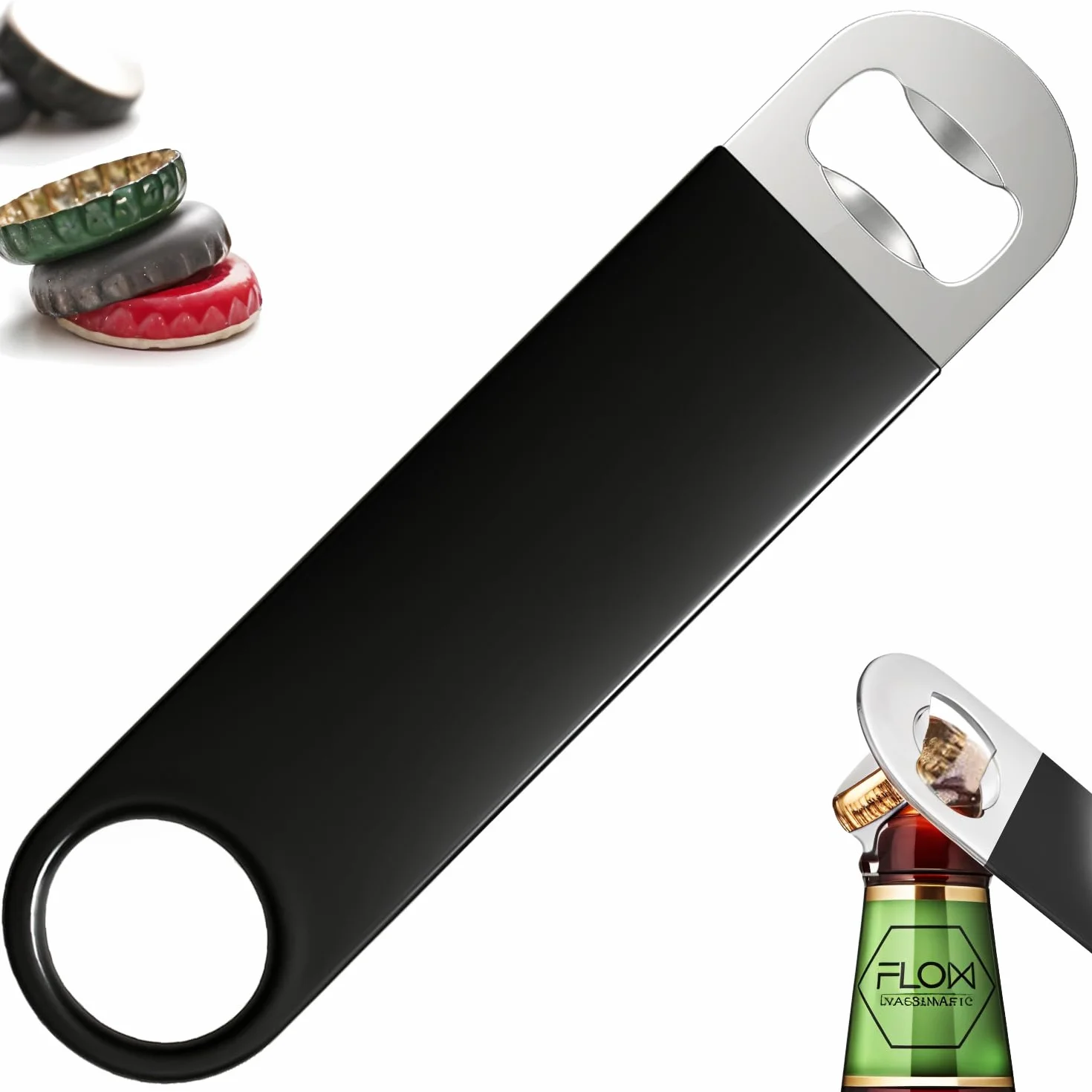 FLOW Barware Abridor de botellas, hoja de barra de 18 cm | Abridor de botellas de cerveza de acero recubierto de goma | Cuchillas de barra profesionales de doble versión | Paquete de 4 unidades negro