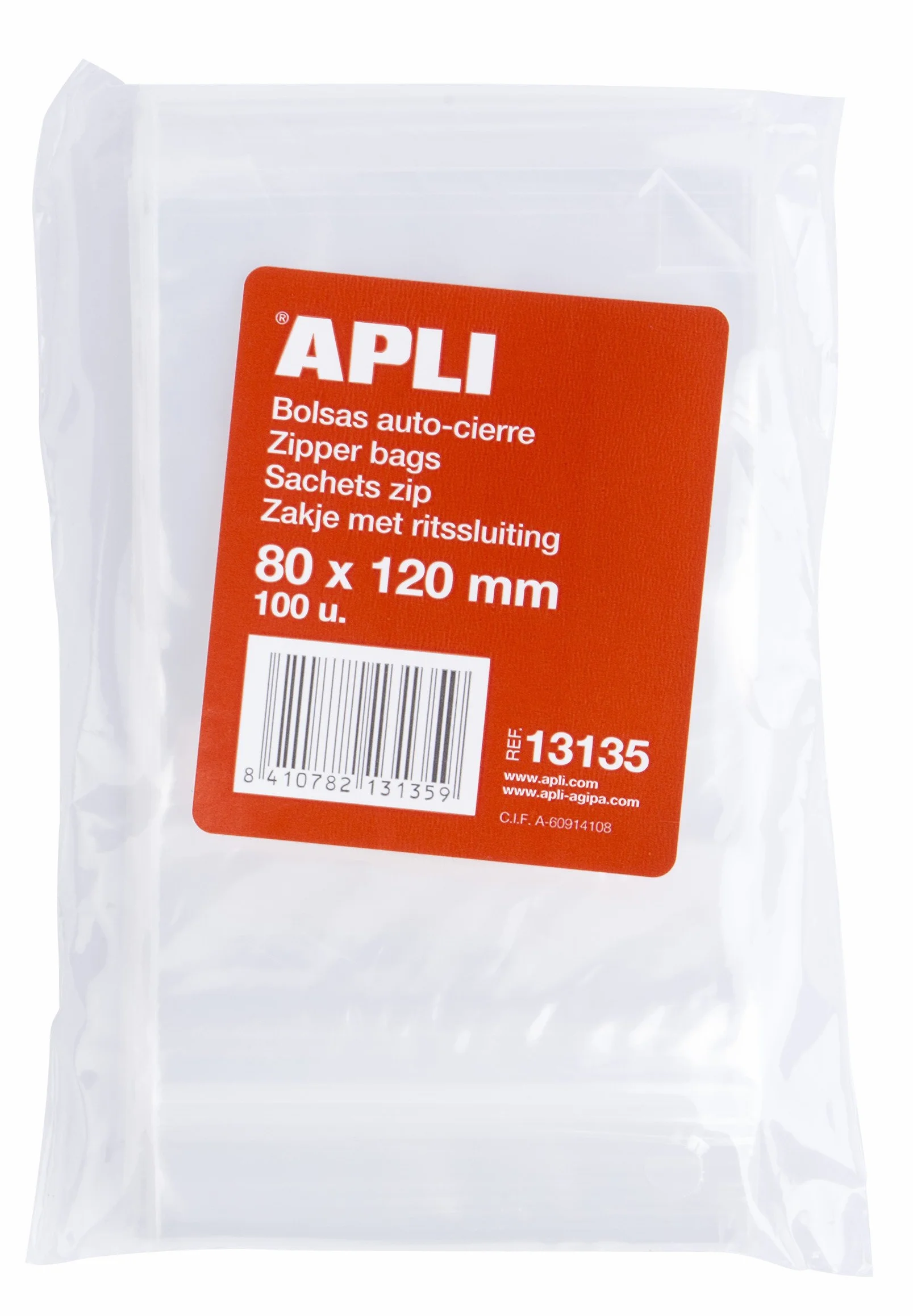 APLI 13135, Pack de 100 Bolsas de Plástico con Autocierre, 80 x 120 mm, Multicolor
