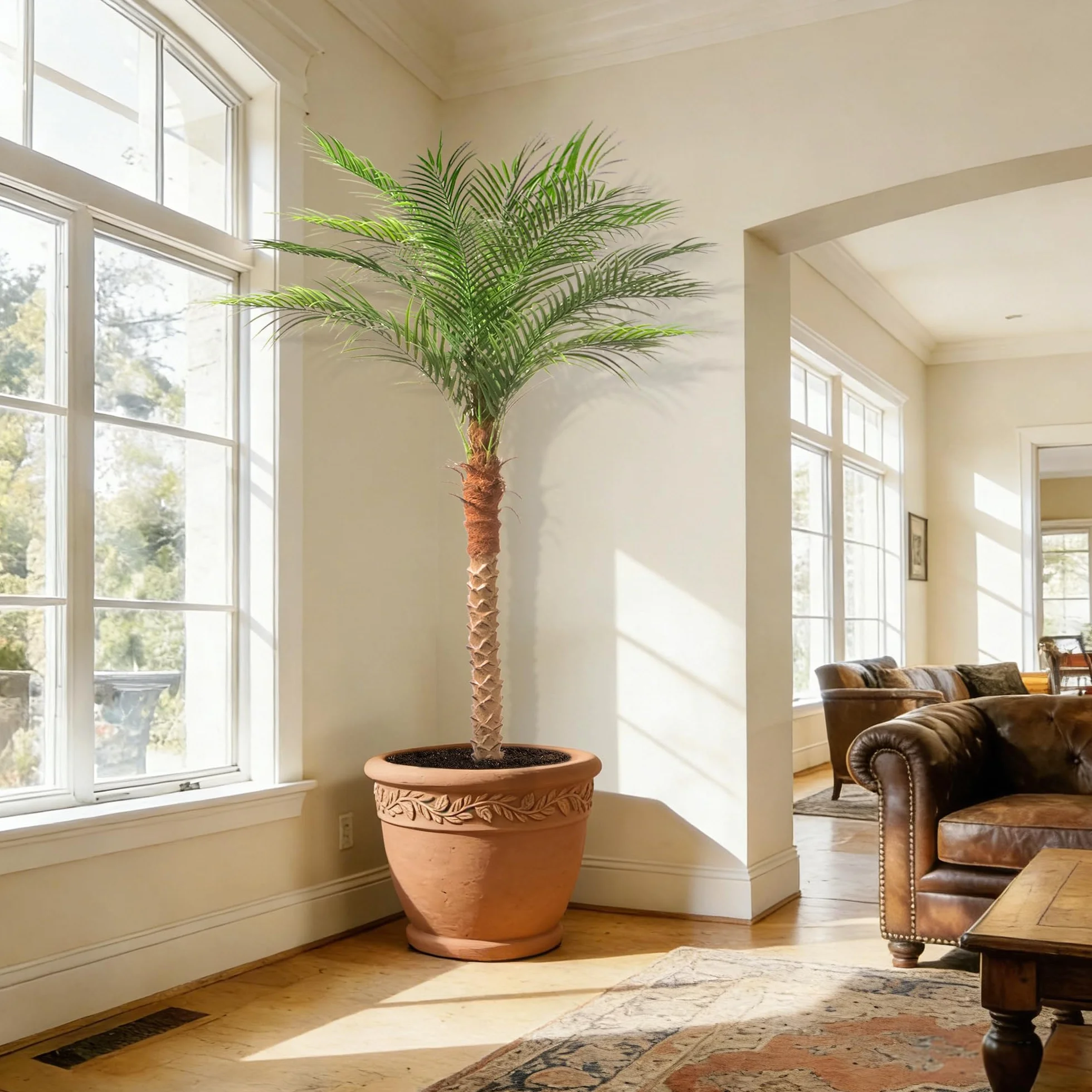 Palmera artificial de fénix de 7 pies de alto, árbol tropical grande falso con 15 hojas ajustables, planta de palma de sagú sintético para interiores y exteriores, sala de estar, patio, piscina