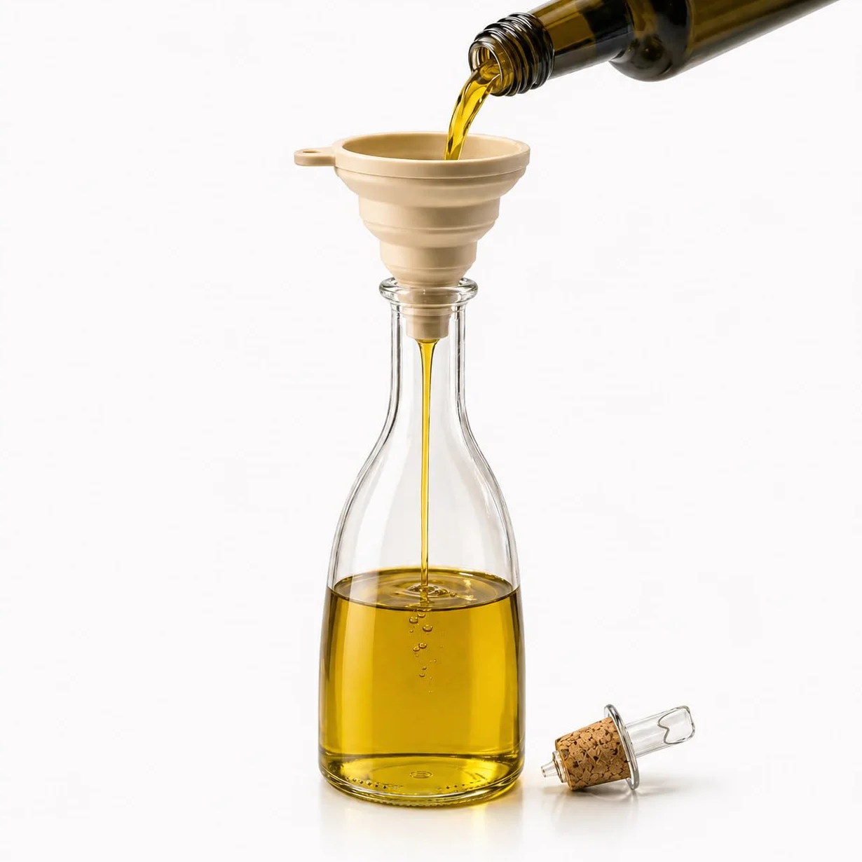 Aceitera Antigoteo 500 ml con Embudo Plegable – Botella de Vidrio con Tapón de Corcho Natural para Aceite y Vinagre