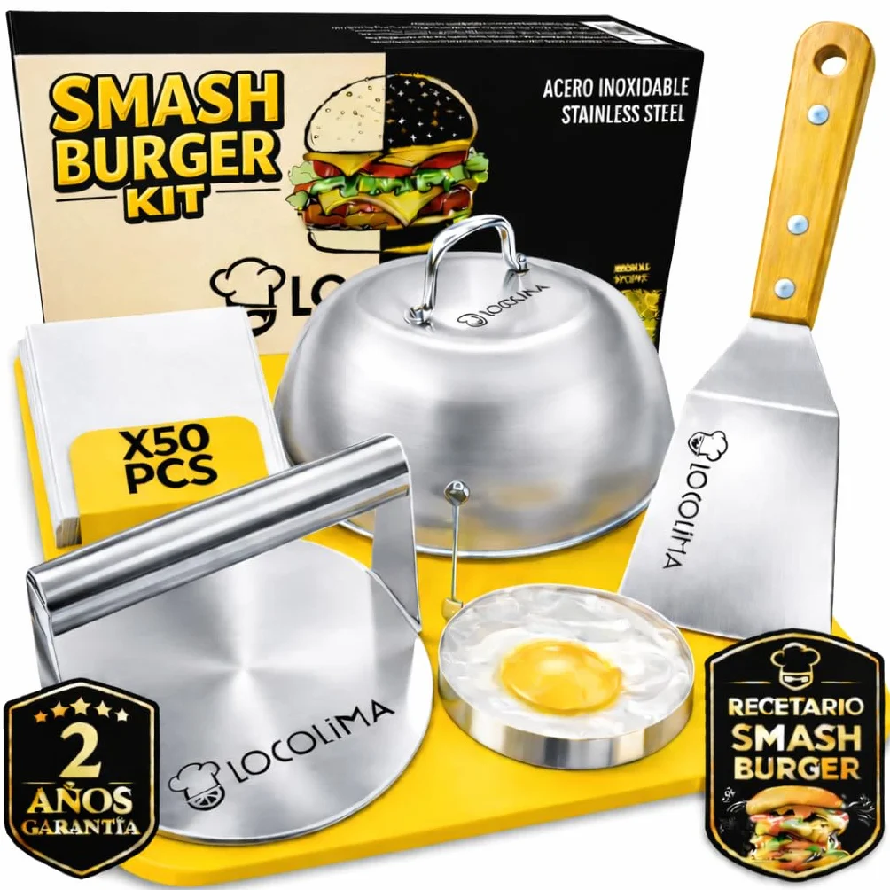 Smash Burger Kit 5 Piezas Prensa Hamburguesas Acero Inoxidable Espátula Campana Fundir