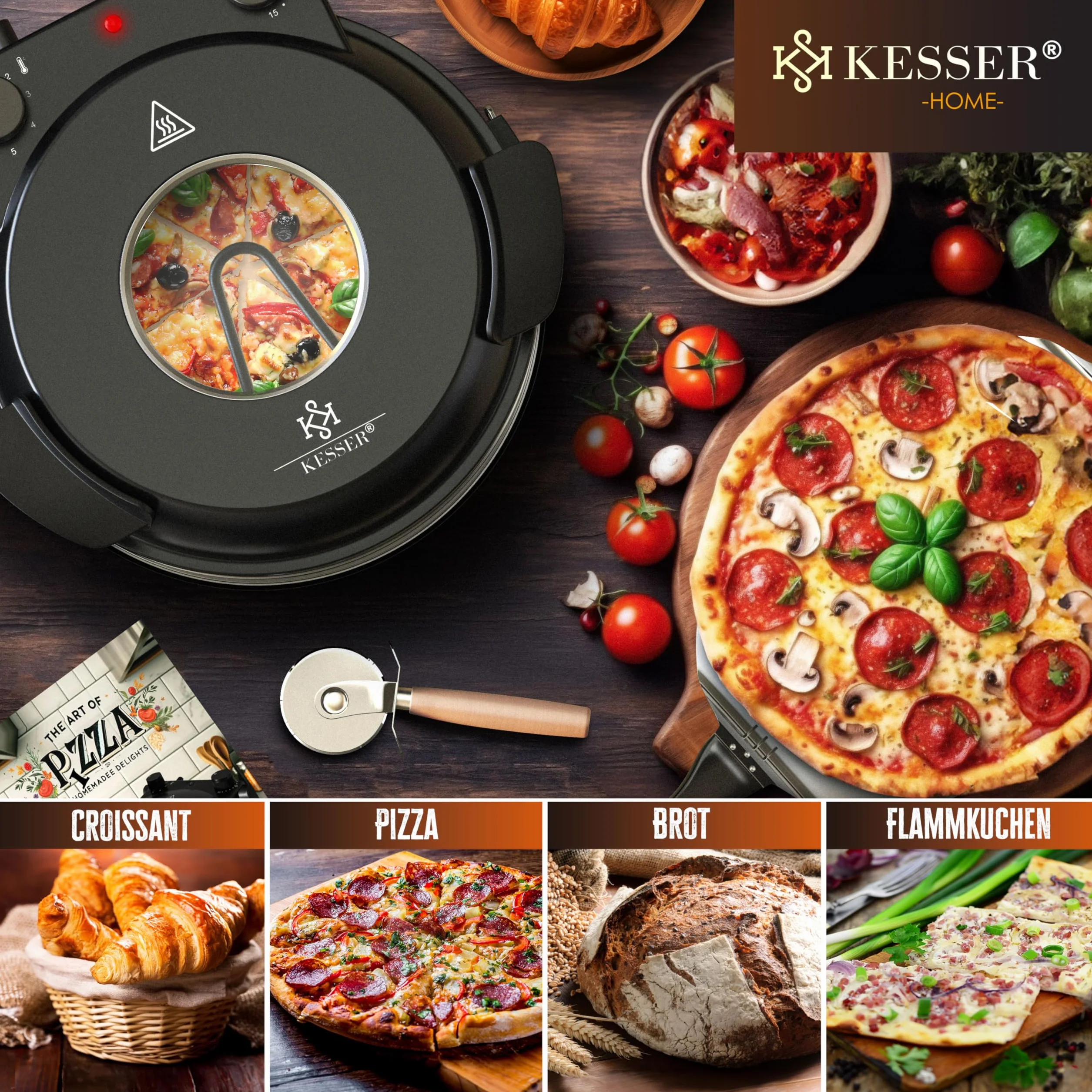 KESSER Horno eléctrico para pizza 400°C 1200W 32 cm placa piedra ignífuga temporizador 5 niveles