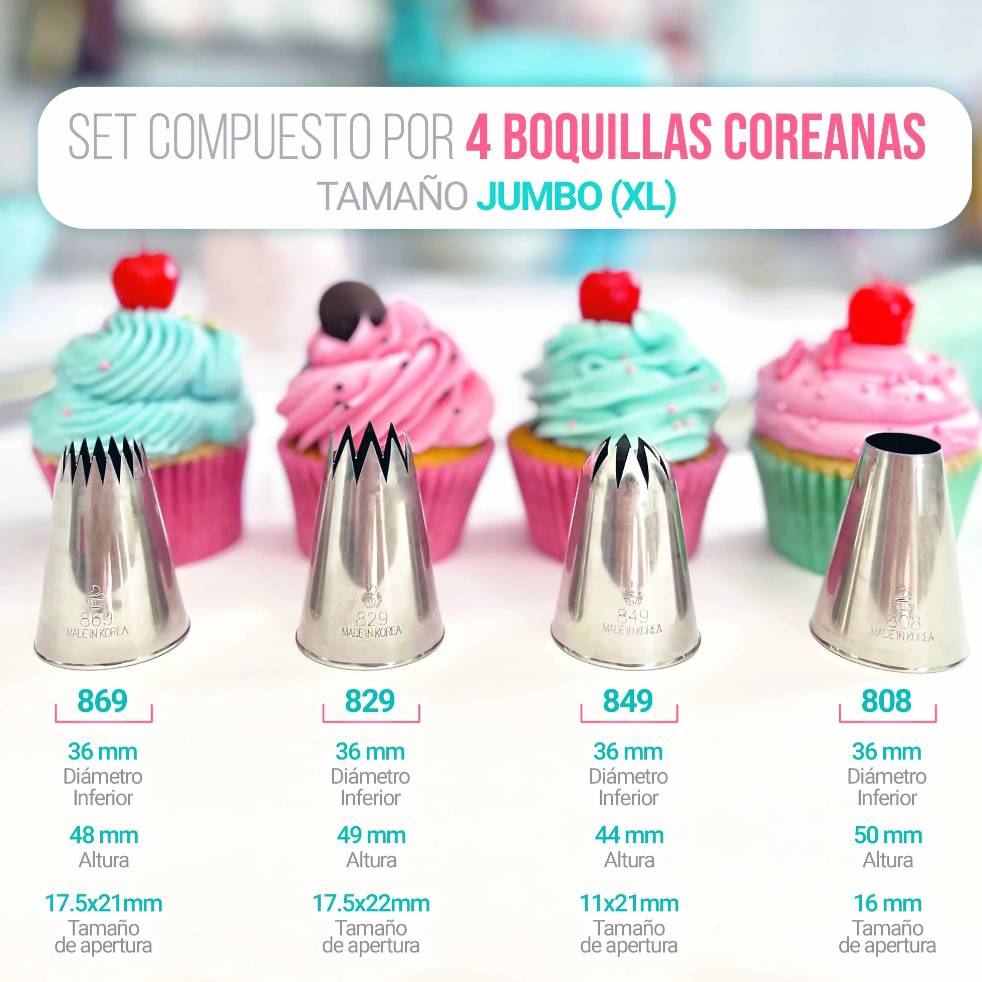 Set de 4 Boquillas de Repostería Profesionales XL 849 869 829 808 para Manga Pastelera - Decoración Cupcakes Tartas Churros - Made in Korea