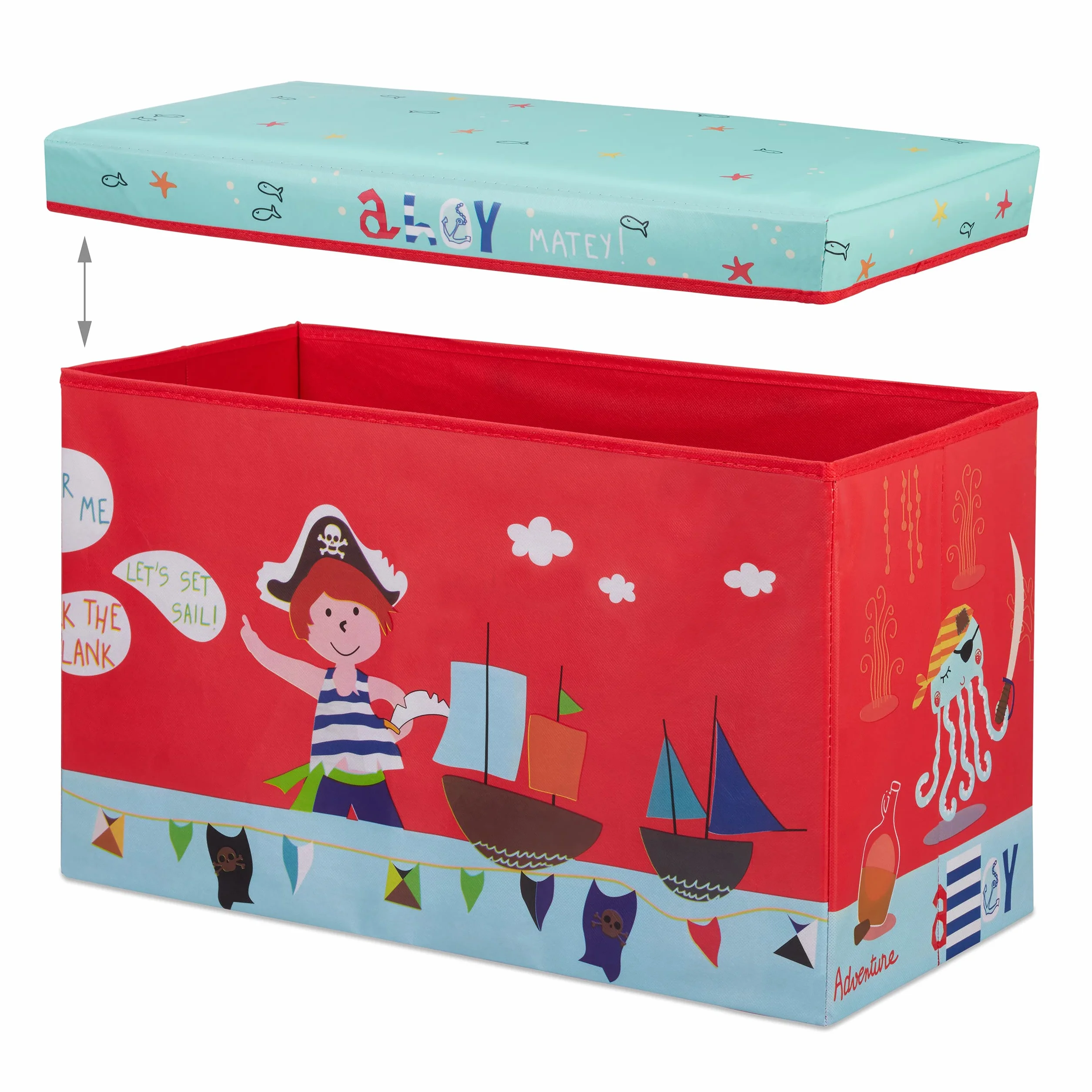 Relaxdays Baúl para Juguetes, Taburete Infantil, Plegable, para niños y niñas, Piratas, 50L, Rojo